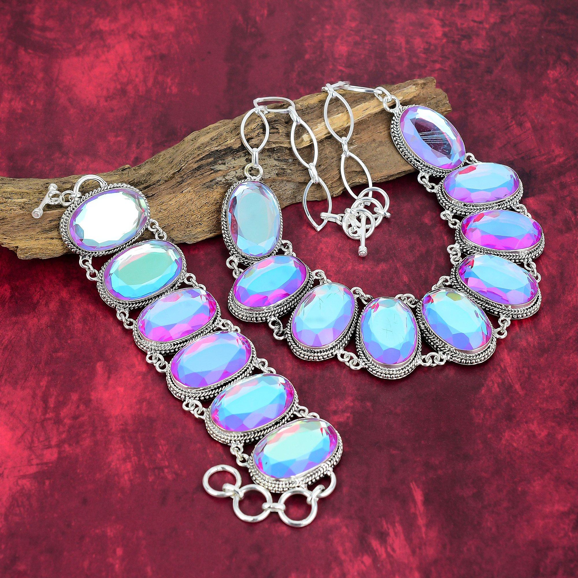 Faceted Mystic Topaz Jewelry, Handmade 925 Solid Sterling Silver Jewelry, Glorious Gemstone Necklace & Bracelet Jewelry Set For Her