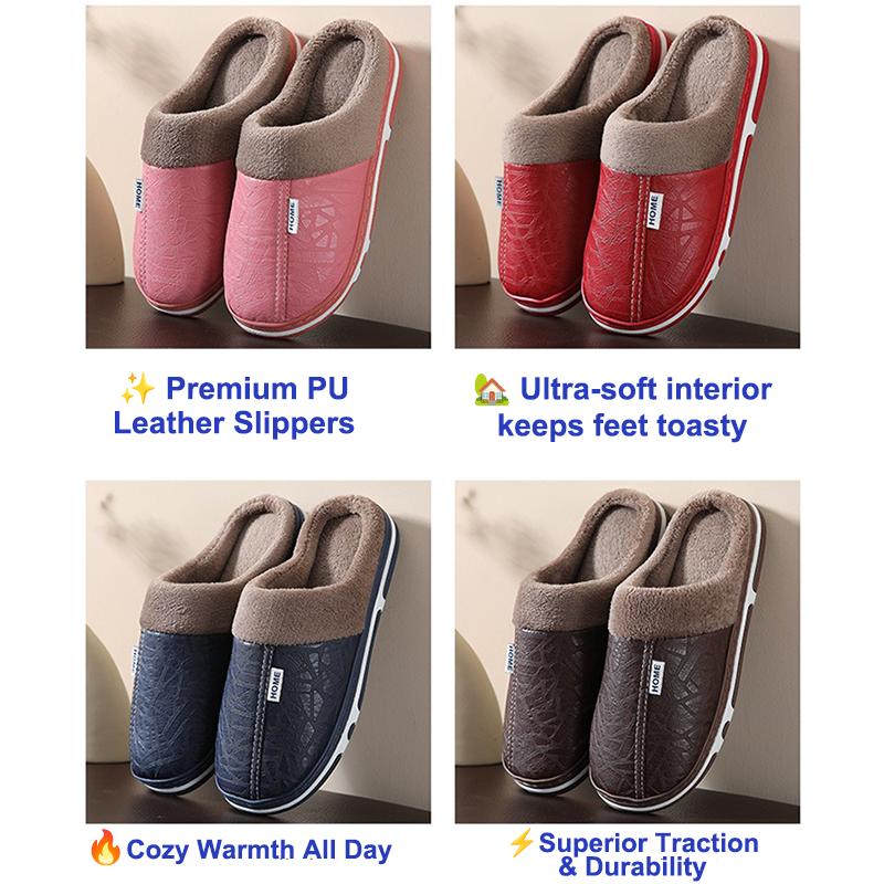 New Winter Couple Slippers  PU Leather Indoor Anti Slip Warm House Shoes