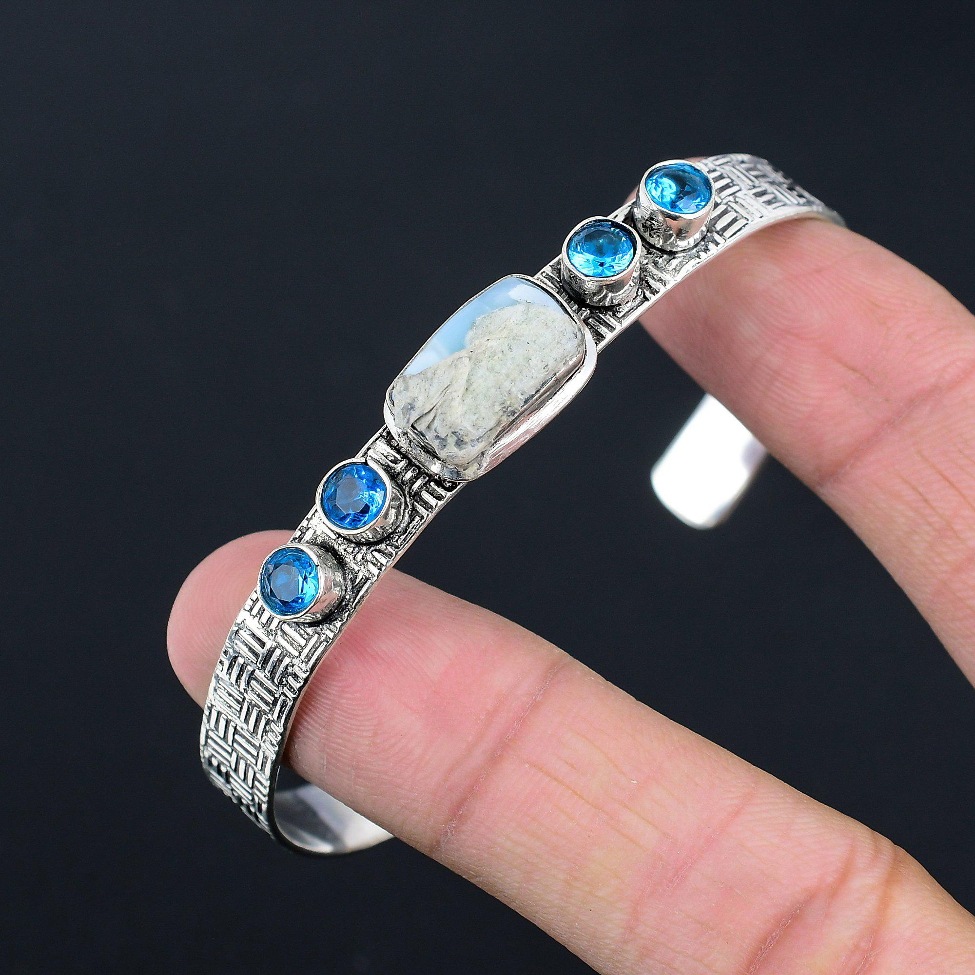 Halloween Deal 925 Sterling Silver Natural Larimar Blue Topaz Daughter Bangle