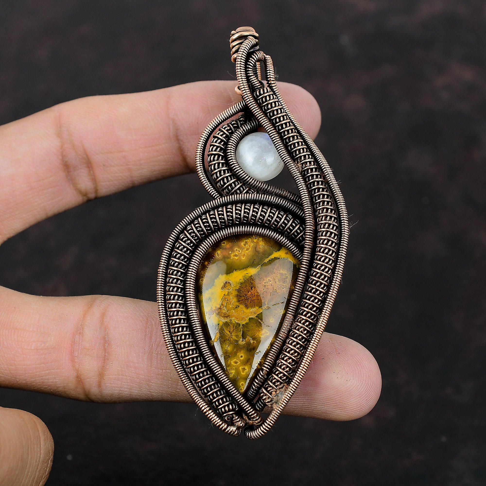 Ocean Jasper Pendant Rainbow Moonstone Pendant Copper Wire Wrapped Pendant Handmade Stylish Jewelry Gemstone Pendant For Gift Copper Jewelry