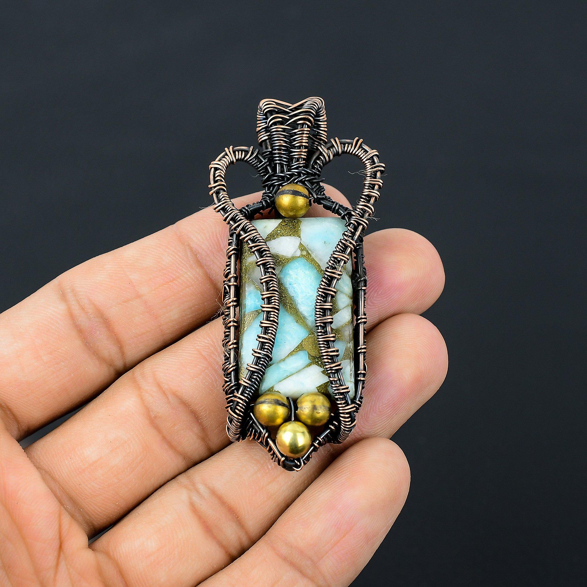 Copper Larimar Gemstone Pure Copper Wire Wrapped Handmade Jewelry Pendant For Gift