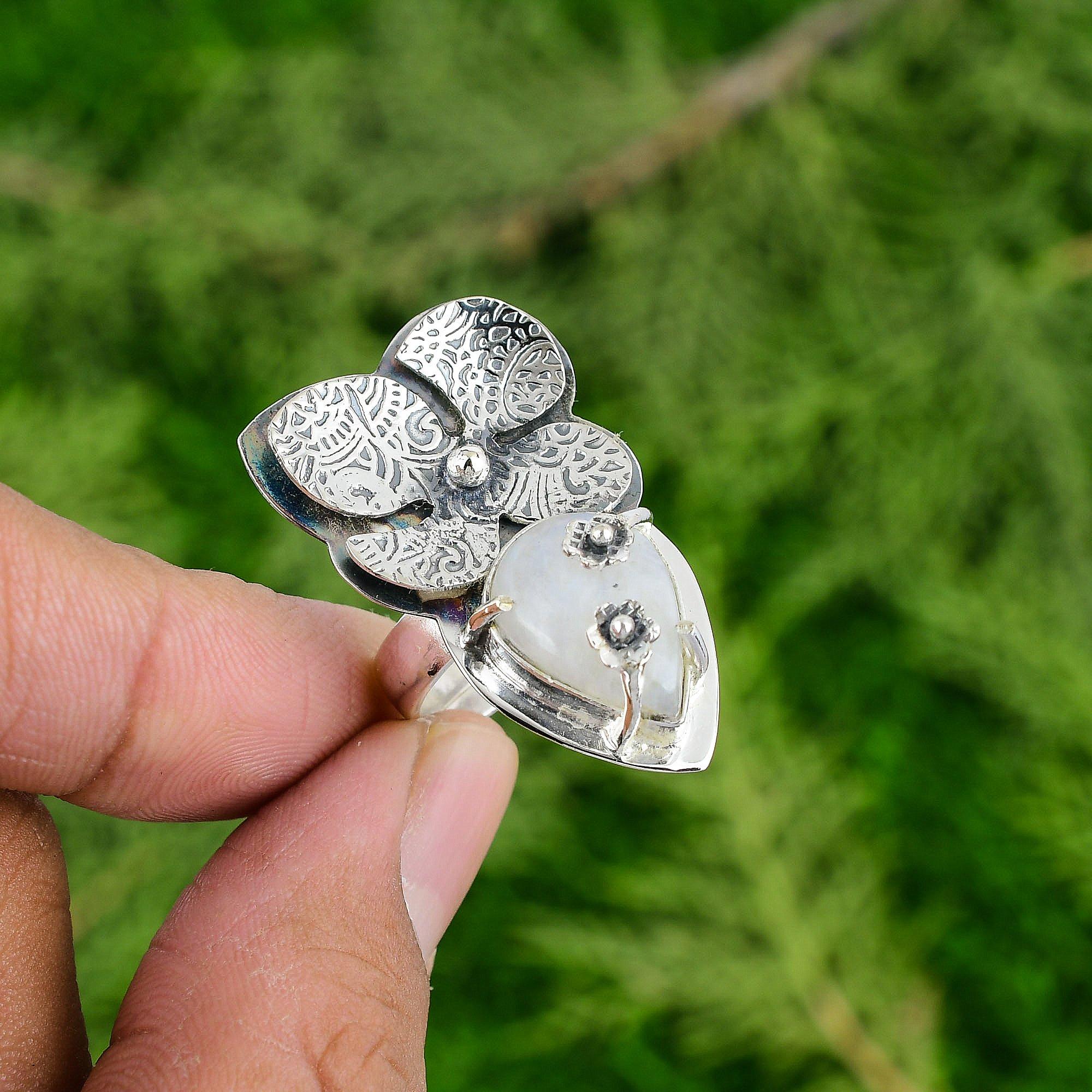 Pear Natural Rainbow Moonstone 925 Sterling Silver Promise Flower Solitaire Ring