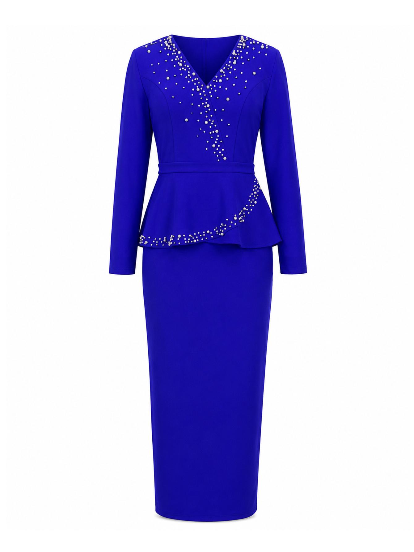 AOMEI Women Elegant Beaded Peplum Dress Long Sleeve V Neck Maxi Dresses for Church Party Special Occasions