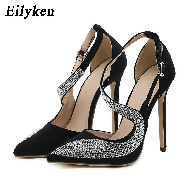 Eilyken Zapatos de tacón alto con hebilla en el tobillo para mujer, calzado Sexy con diamantes de imitación estilo INS, punta estrecha, vestido de fiesta de graduación, zapatos de verano