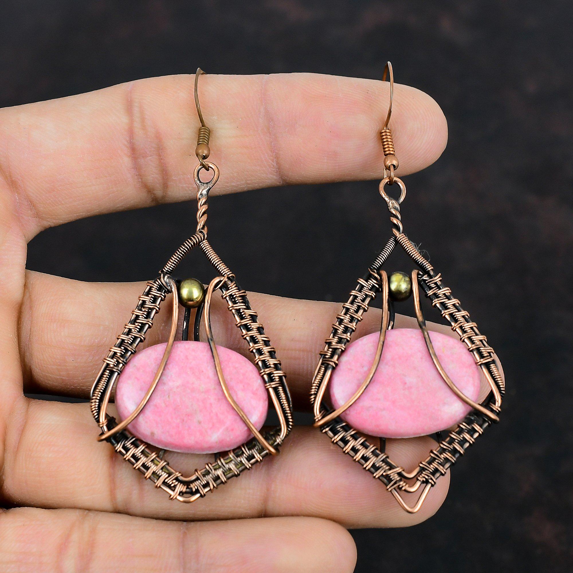 Brincos de Thulite Brincos de Fio de Cobre Enrolados Lindas Joias de Cobre Brincos de Pedras Preciosas Naturais Joias de Estilo Étnico Feitas à Mão Presentes para Esposa