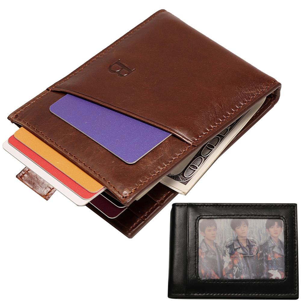 Tenký kožený držák na karty Bifold Přední kapsa Peněženka s blokováním RFID Držák na vizitky 100% pravá kůže