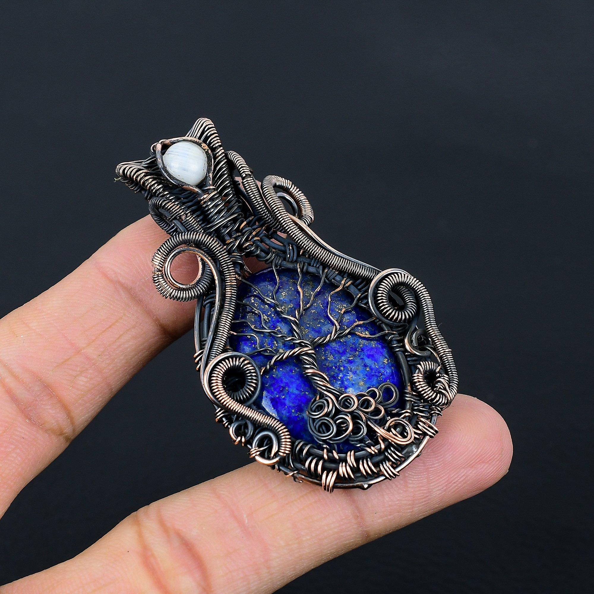 Amazing Lapis Lazuli & Moonstone Gemstone Pure Copper Wire Wrap Handmade Jewelry Pendant