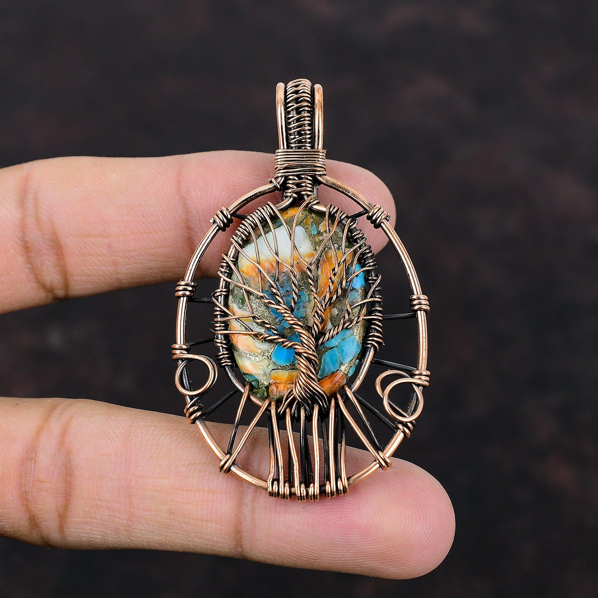 Spiny Oyster Copper Turquoise Pendant Copper Wire Wrapped Pendant Tree Of Life Pendant Handmade Jewelry Gemstone Pendant Copper Wire Jewelry
