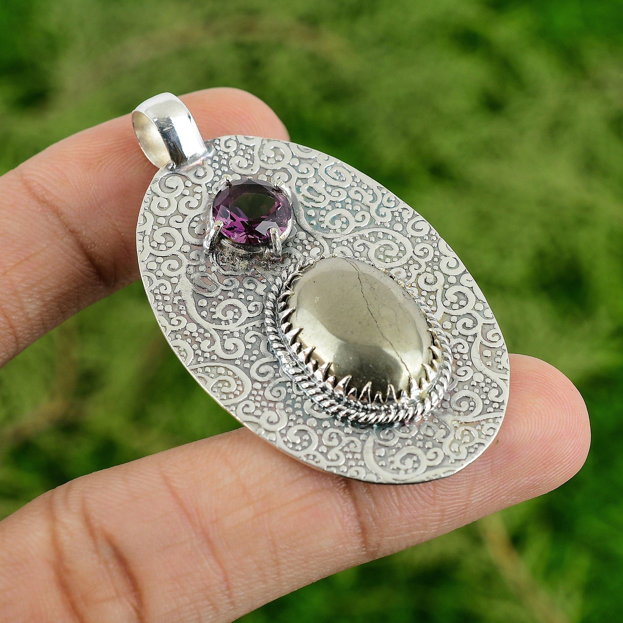 Daughters Day Deal Pyrite Gemstone African Amethyst Pendant Jewelry 925 Silver