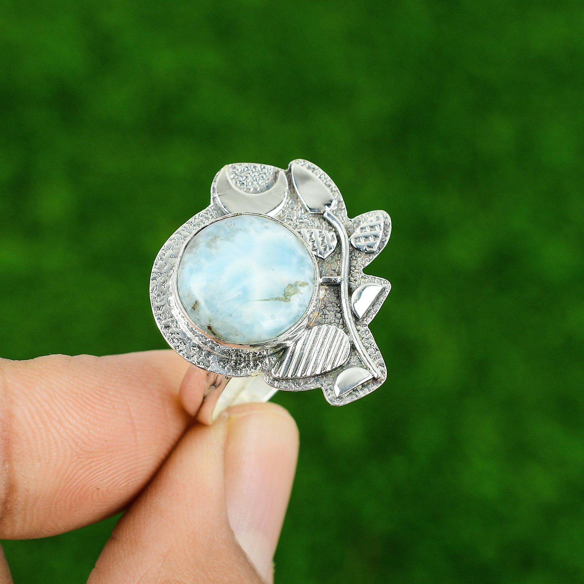 925 Sterling Silver Round Larimar Stone Unique Cescent Moon Bezel Stackable Ring
