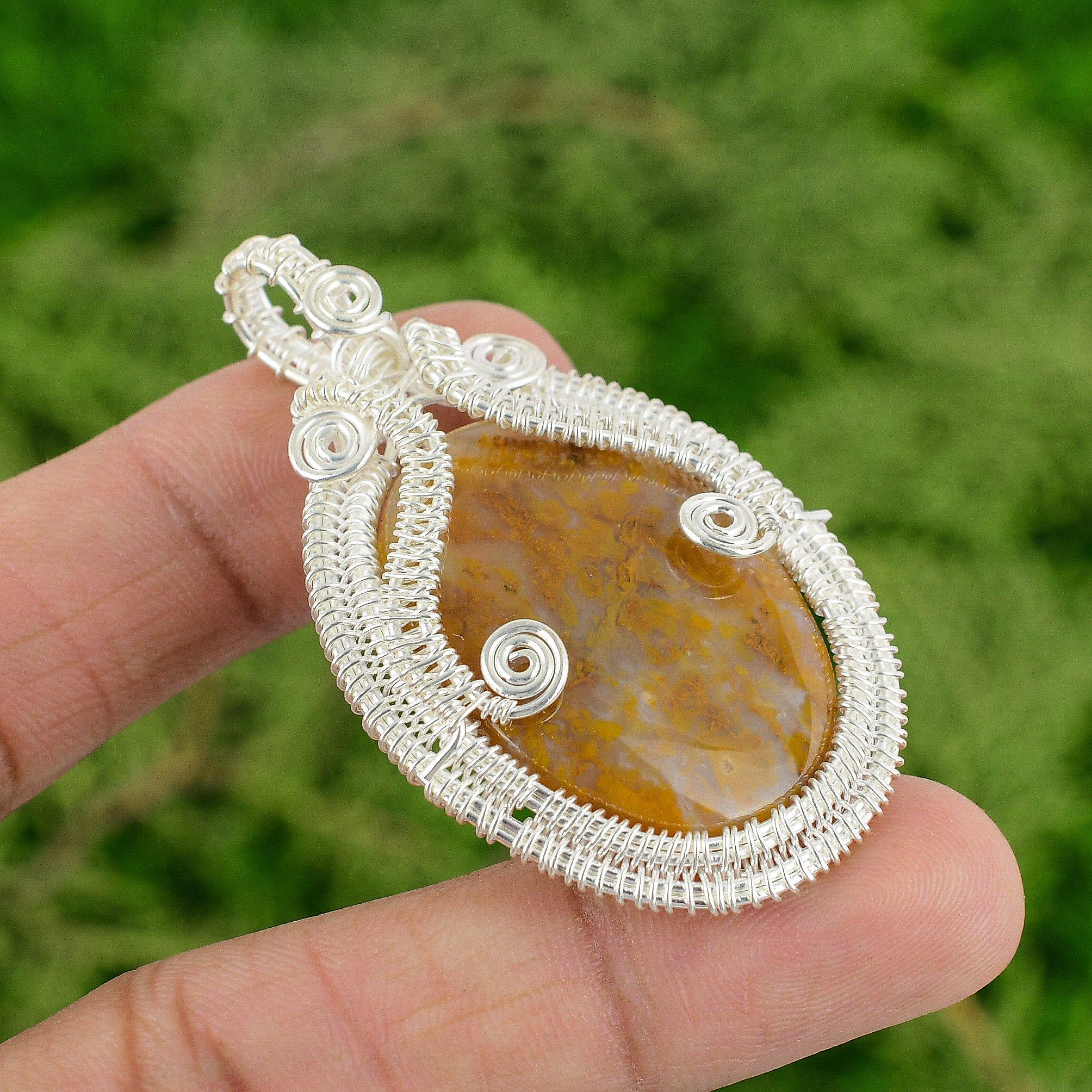 Daughters Day Sale Plume Agate Stone Wife Wire Wrap Artisan Pendant 925 Silver