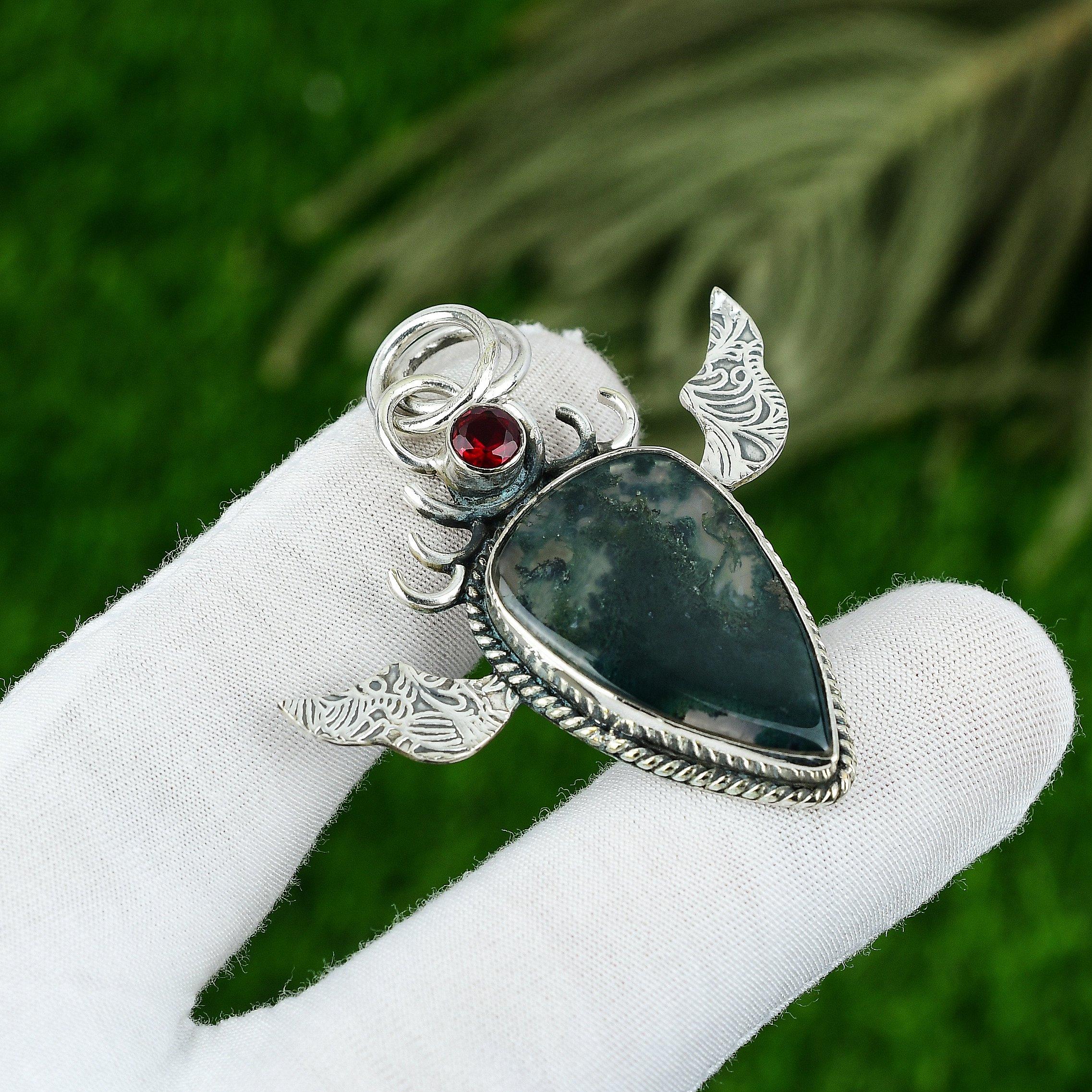 Solar Moss Agate Stone Mozambique Garnet 925 Sterling Silver New Pendant Jewelry