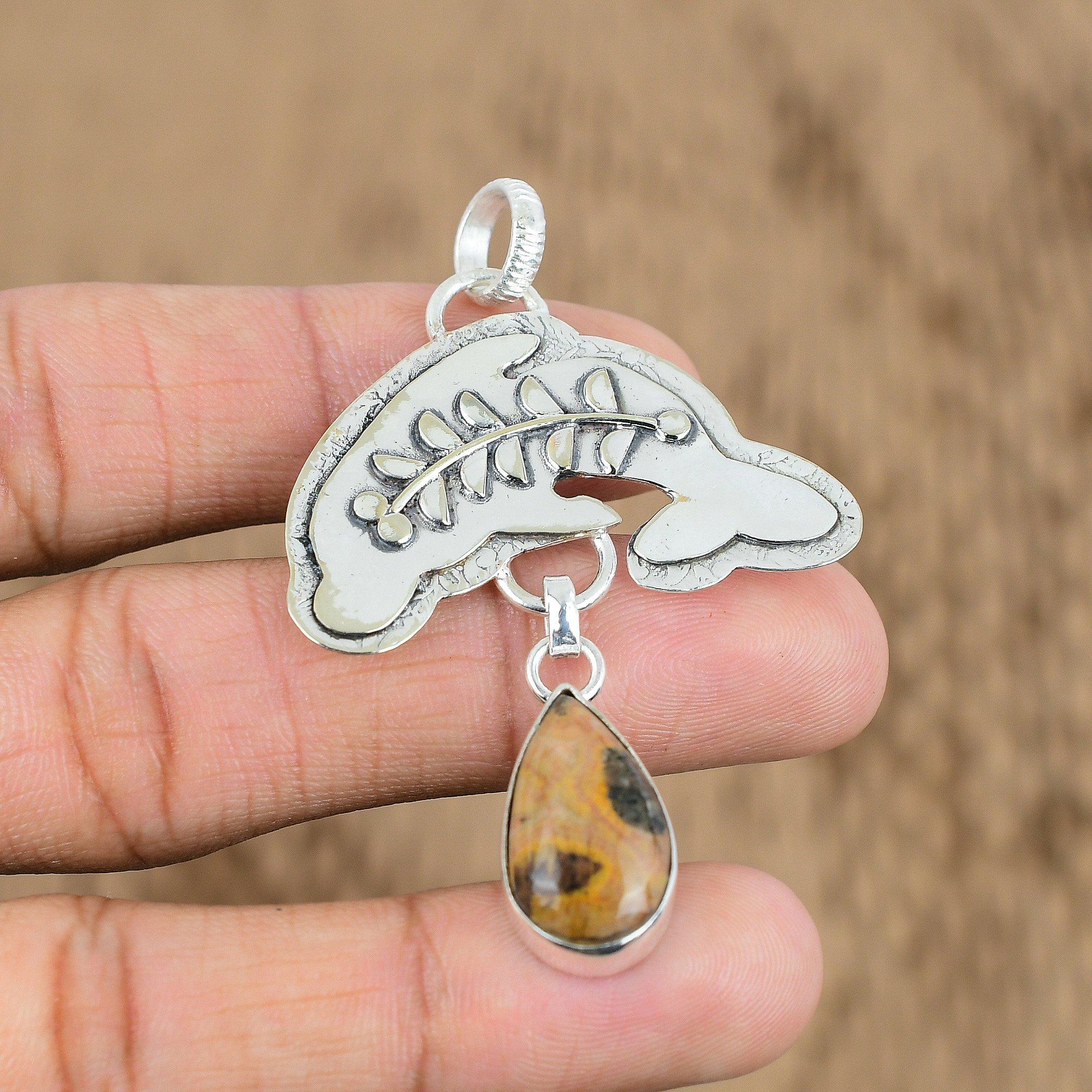 Natural Bauxite Gemstone Pendant Fish 925 Sterling Silver Jewelry For Women