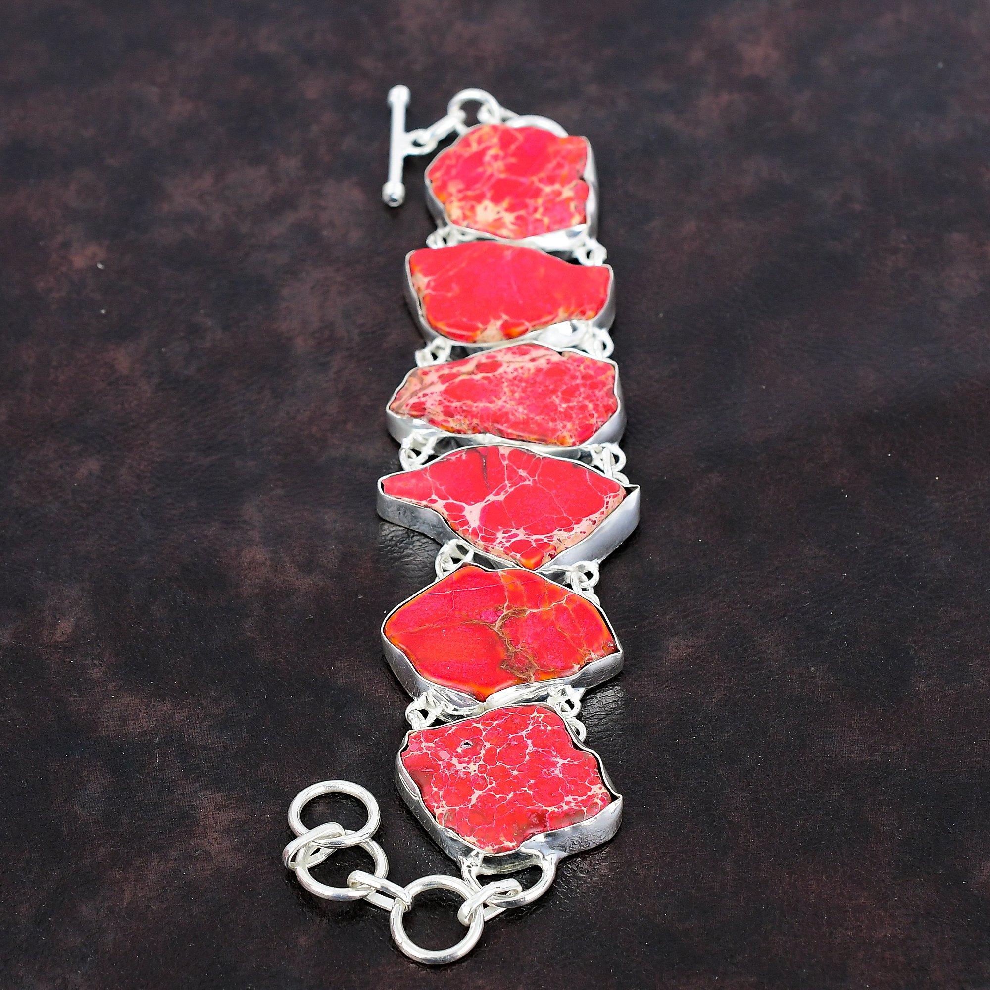 Red Sea Sediment Jasper Bracelet Handmade Gemstone Bracelet 925 Sterling Silver Bracelet Adjustable Chain Bracelet Boho Jewelry Gift For Him