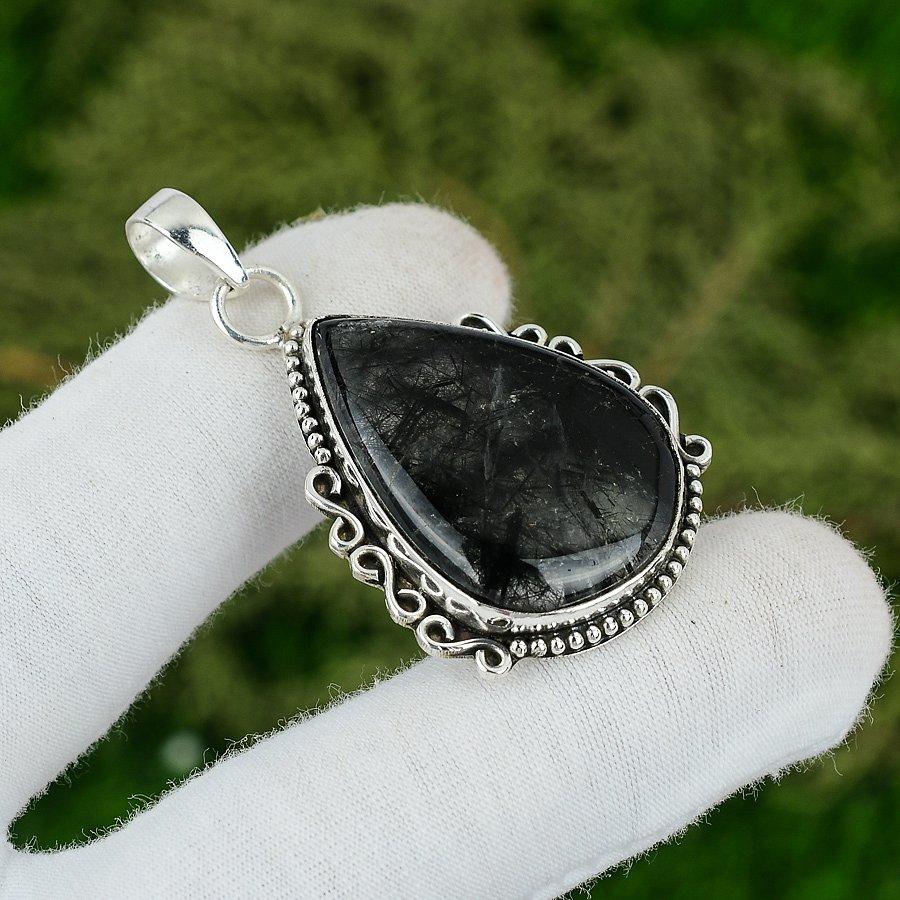 Natural Black Rutile Gemstone Pendant 925 Sterling Silver Indian Jewelry