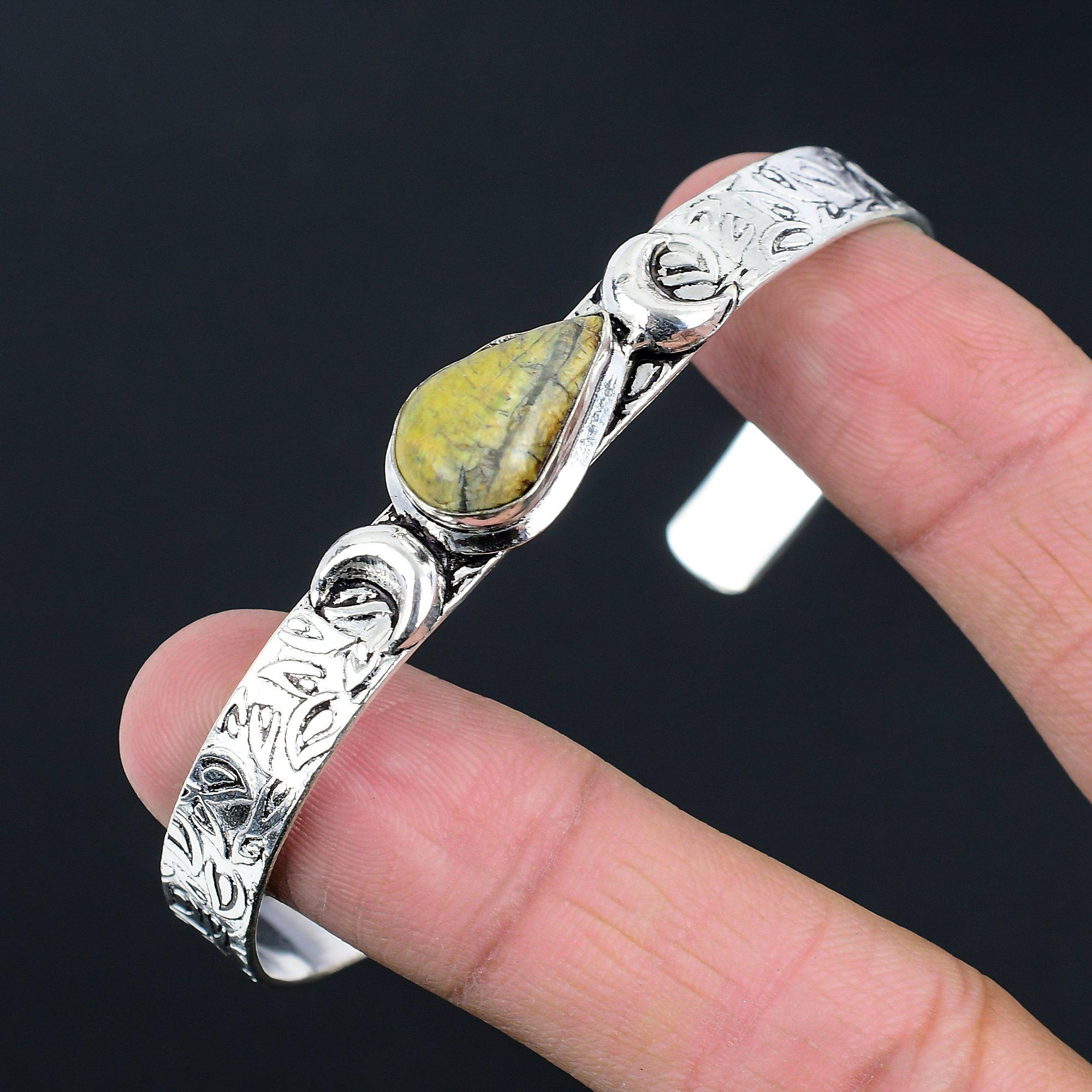 Natural Polychrome Jasper 925 Silver Bangle Crescent Moon Adjustable For Girls