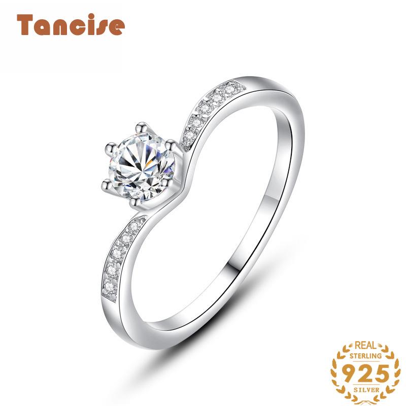 Tancise Classic 925 Sterling Silver  Zircon Ring Ladies Jewelry Wedding Promise Party Gift
