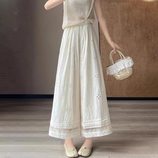 Women's Baggy Wide Leg Pants Lace Splicing High Waist Thin Elastic Waist Straight Trousers Vintage Style Casual Clothing Summer