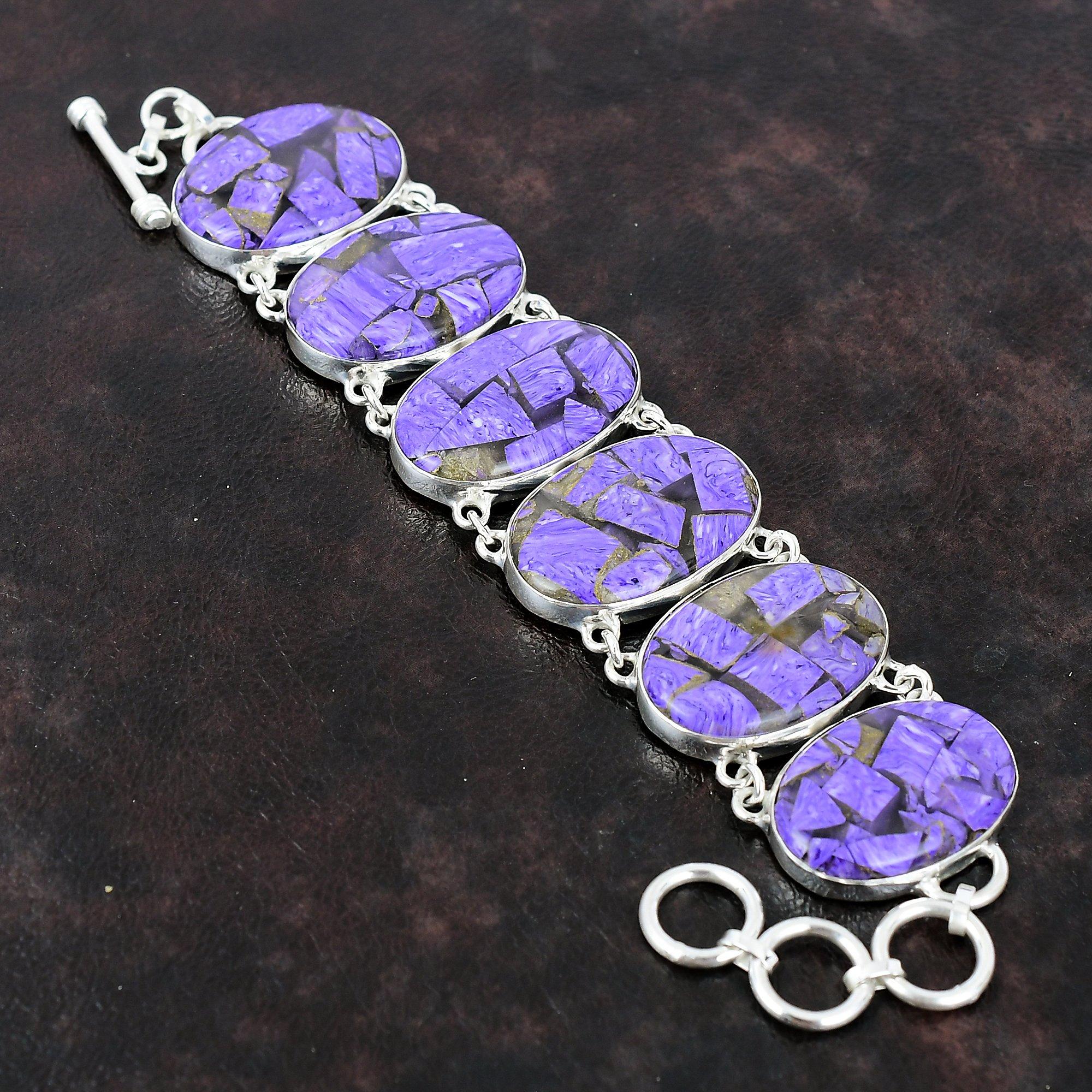 Copper Charoite Bracelet Real Gemstone Jewelry 925 Sterling Silver Bracelet Handmade Antique Jewelry Adjustable Chain Bracelet Gift For Girl