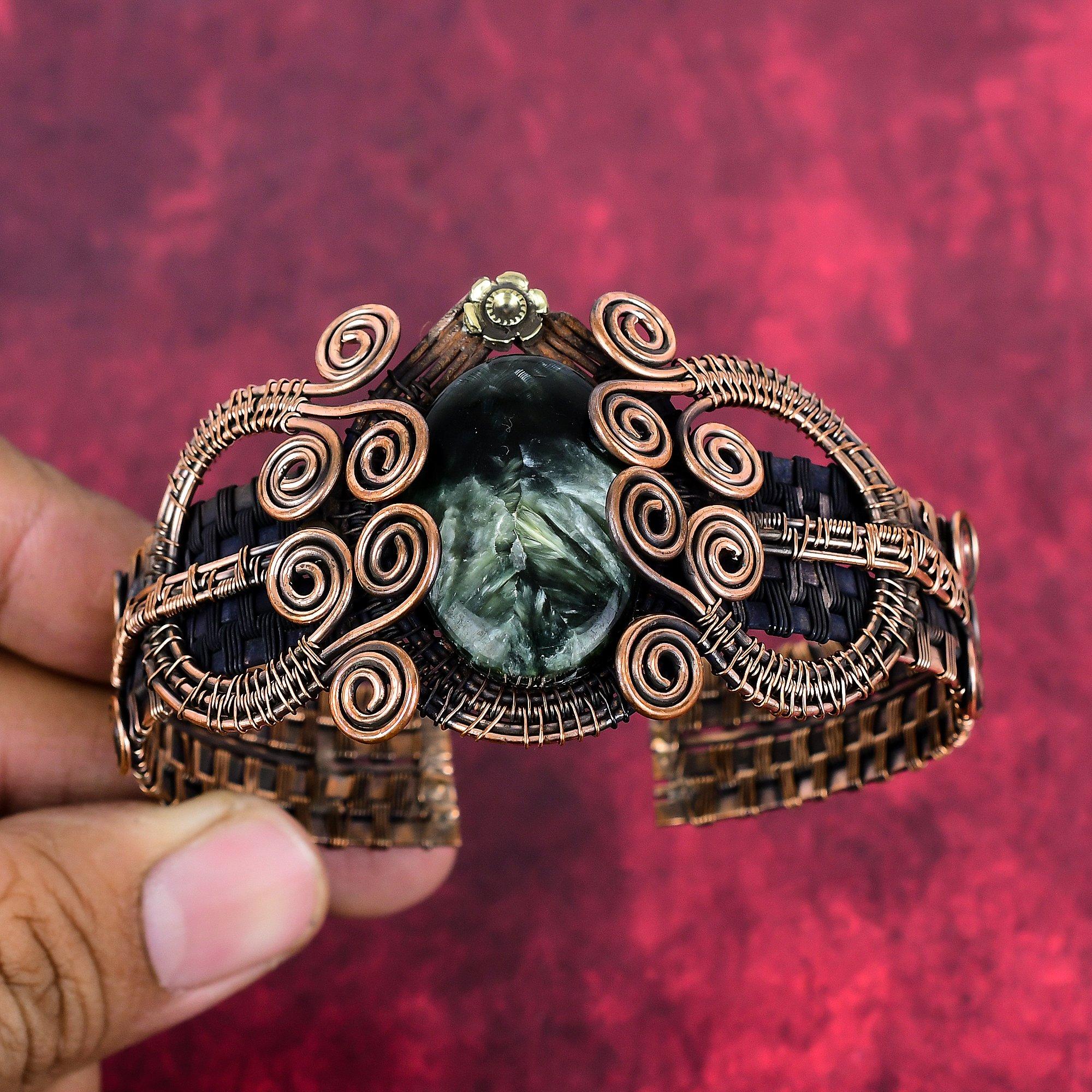 Seraphinite cuff bracelet copper wire wrapped adjustable bangle wire wrapped gemstone jewelry handmade bangle gifts for wife copper jewelry
