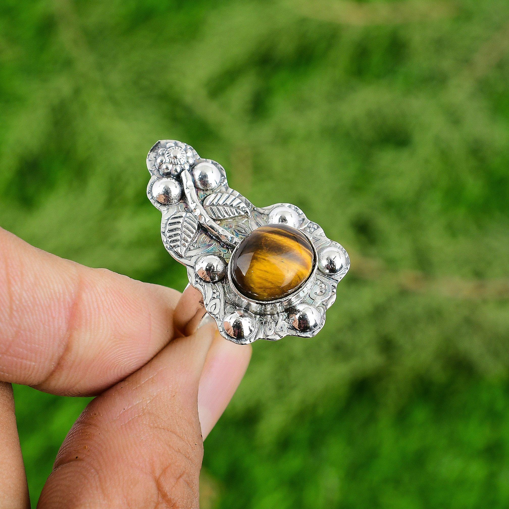 Mothers Day Deal 925 Sterling Silver Tigers Eye Stone New Stackable Flower Ring