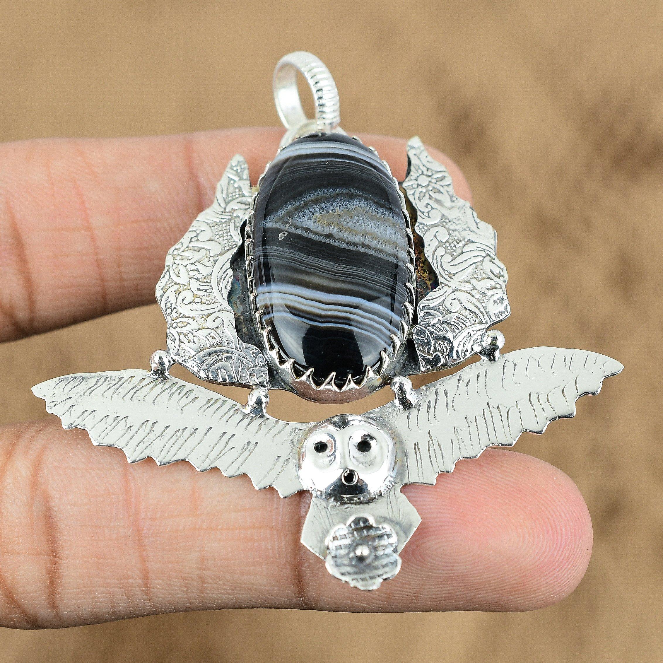 Natural Sardonyx Gemstone Pendant Owl 925 Sterling Silver Jewelry For Women