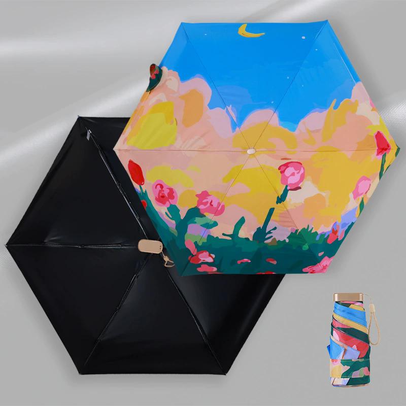 Mini Pokect Fijne Opvouwbare Paraplu met Rozenschildering Anti-UV Waterdichte Parasol Mannen & Vrouwen Compacte Outdoor Reis Zon- en Regenparaplu