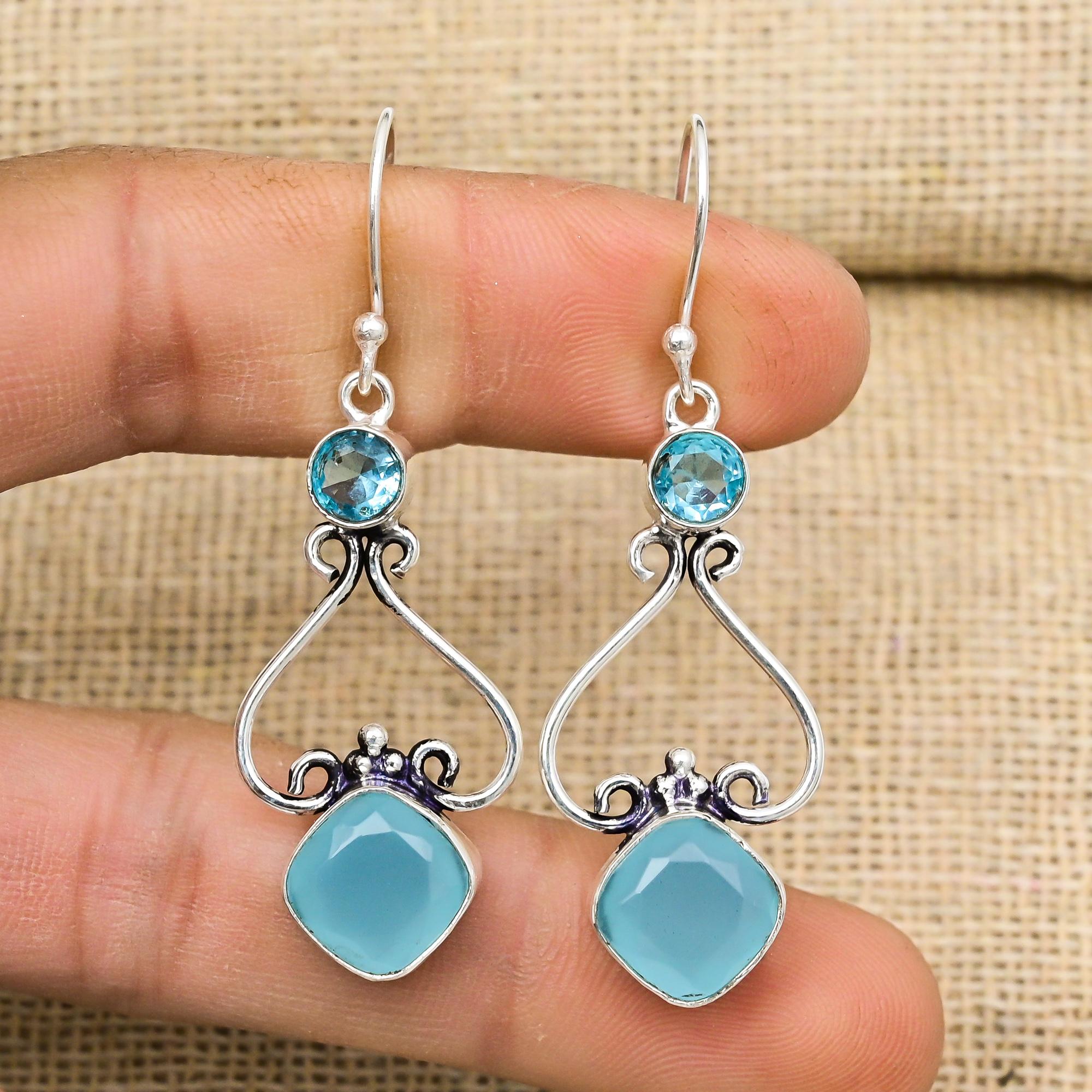 Aqua Chalcedony, Blue Topaz Earrings, 925 Solid Sterling Silver Jewelry, Gemstone Earrings, Gift For Her Handmade Dainty Jewelry