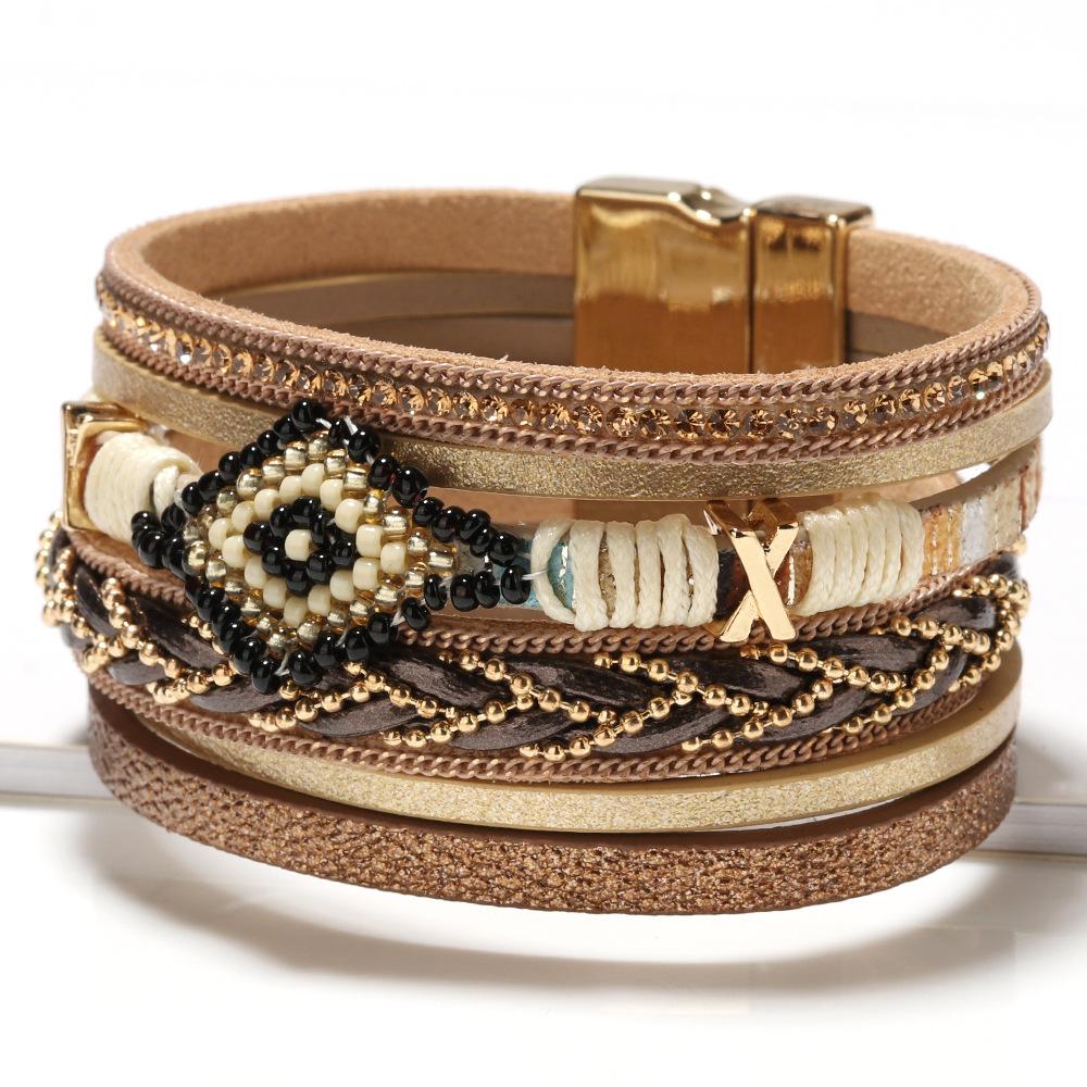 Multilayer Leather Bracelets for Women Boho Rhinestone Chain Wrap Bracelet Femme Jewelry