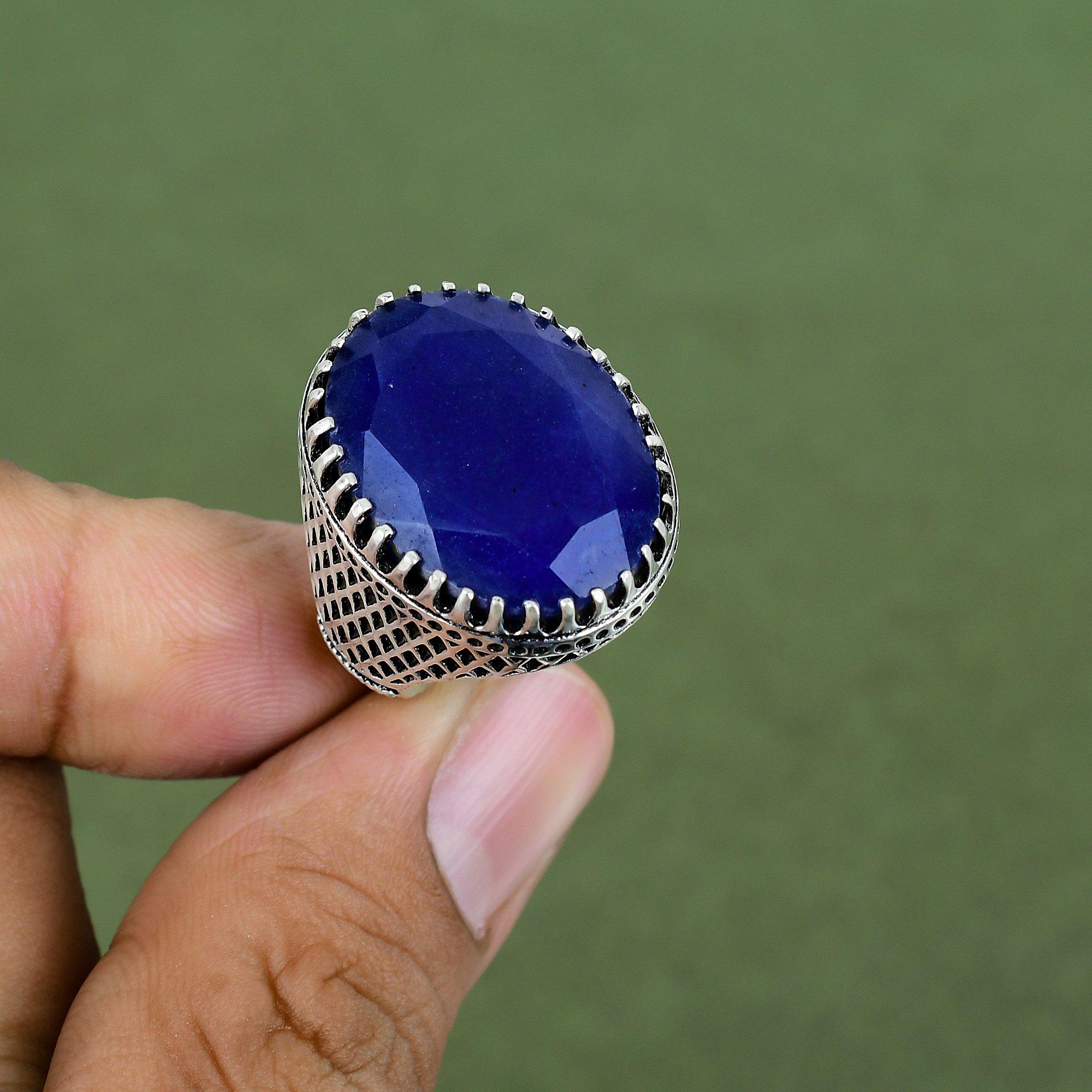 Faceted Blue Sapphire Ring 925 Sterling Silver Ring Handmade Jewelry Gemstone Ring Blue Sapphire Jewelry Gift For Him Available In Ring Size
