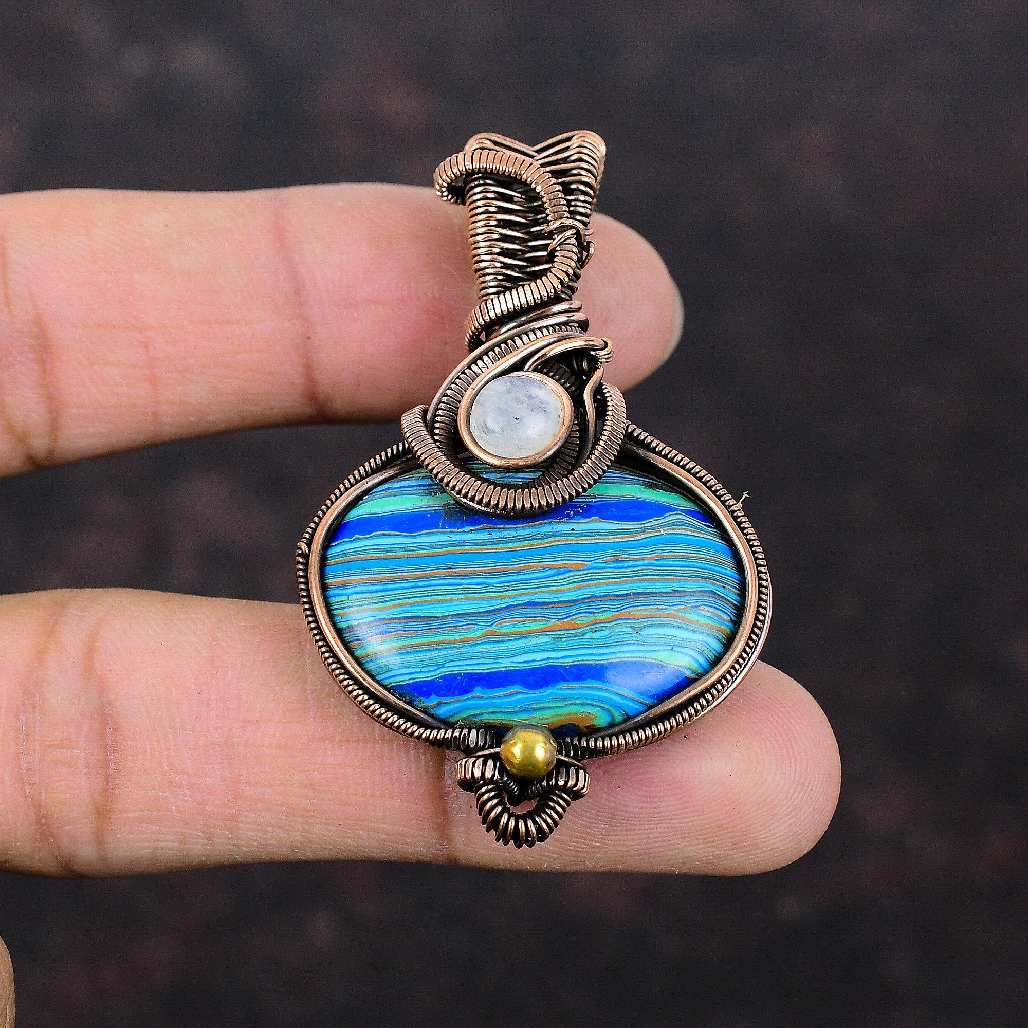 Rainbow Calsilica Gemstone Pendant Copper Wire Wrapped Pendant Rainbow Moonstone Pendant Copper Wire Jewelry Gift For Wife Handmade Pendant