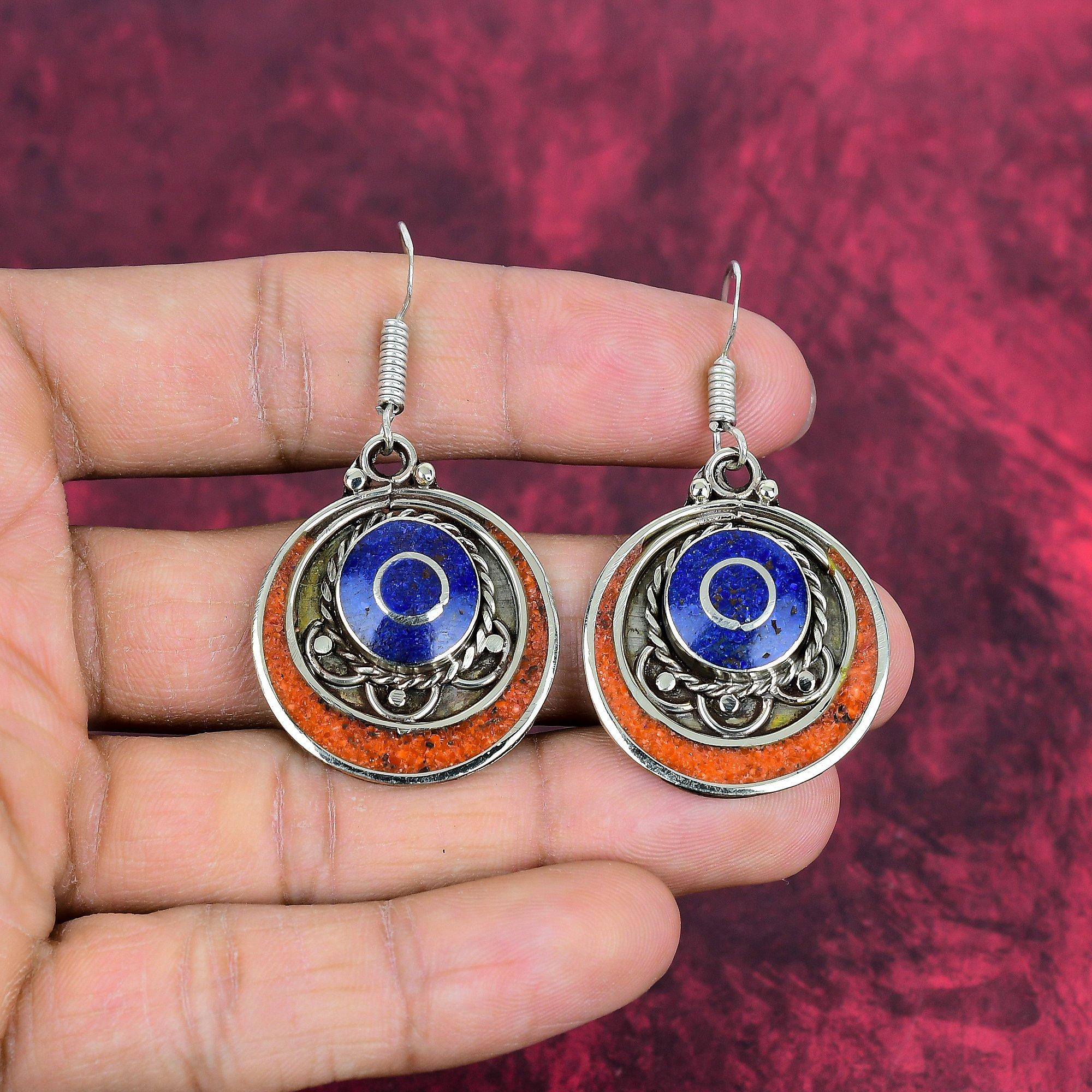 Coral, Lapis Earrings Handmade Gemstone Jewelry, 925 Solid Sterling Silver Earrings, Unique Design Jewelry Earrings