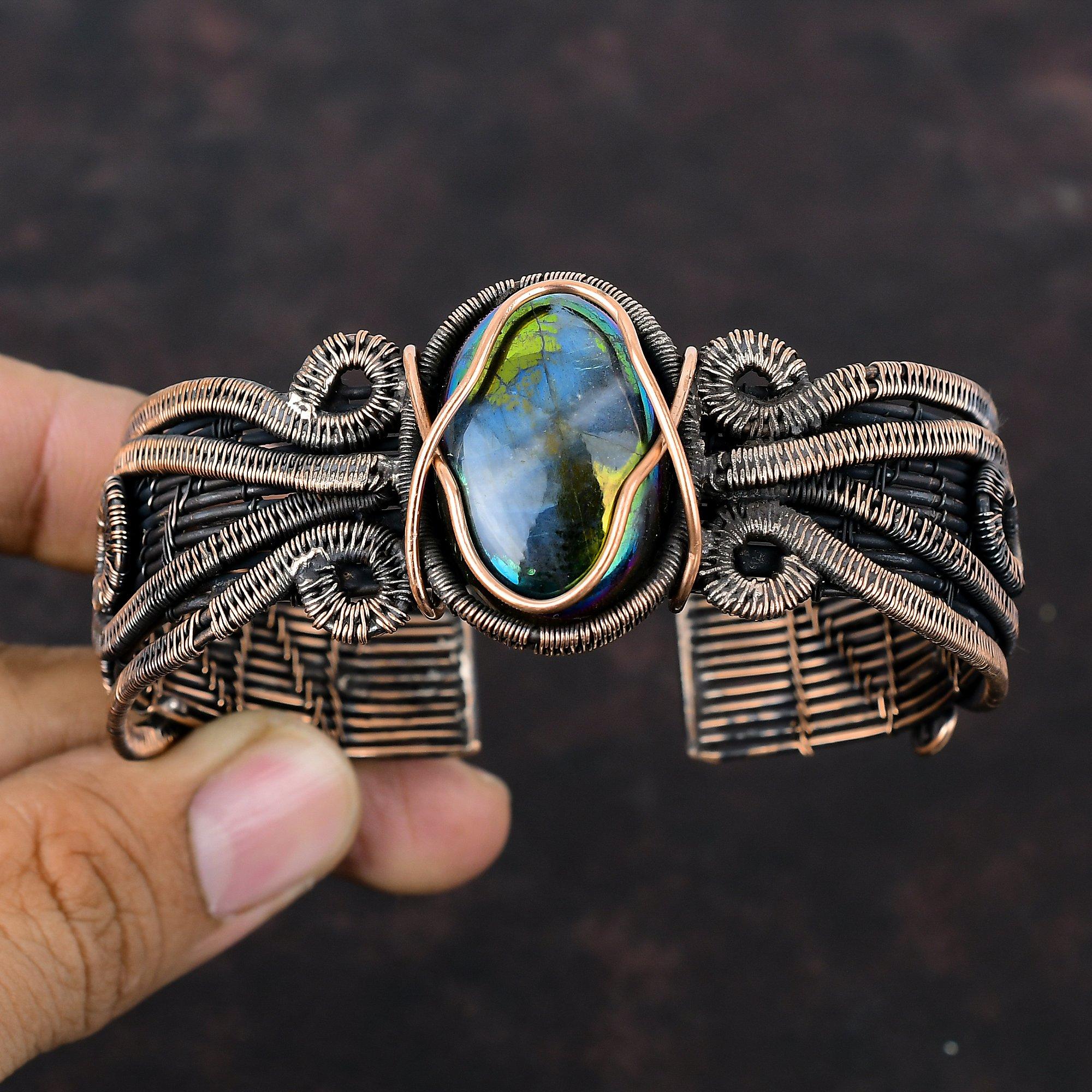 Mystic Fire Labradorite Cuff Bracelet Copper Wire Wrapped Bangle Adjustable Cuff Handmade Jewelry Gemstone Bangle Copper Jewelry For Gift