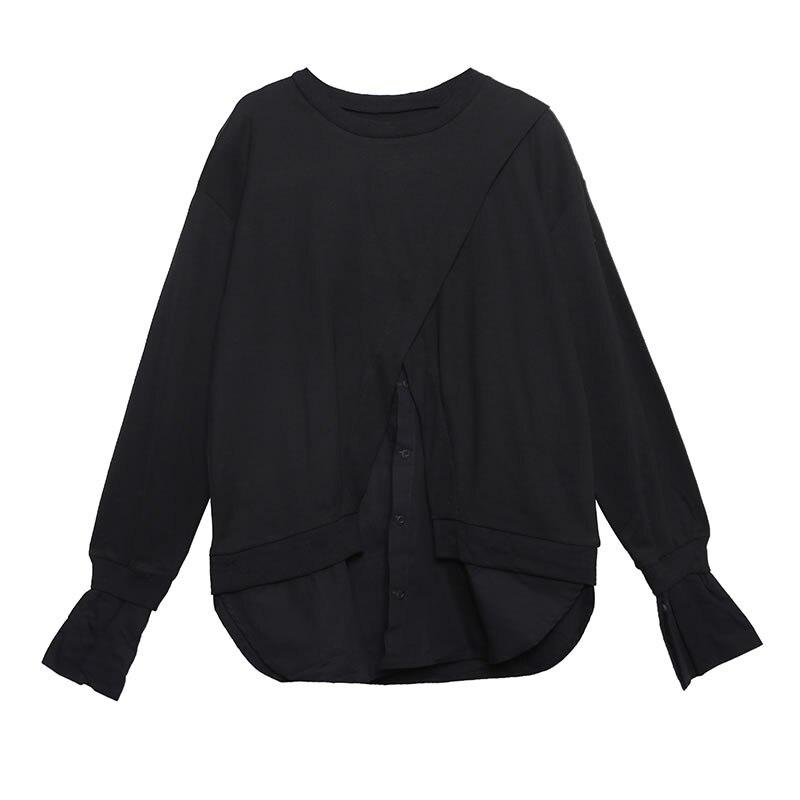 Xitao Patchwork Hit Color T Shirt Women Clothes Fashion Button Pullover Full Sleeve Match All Tee Top GCC1369