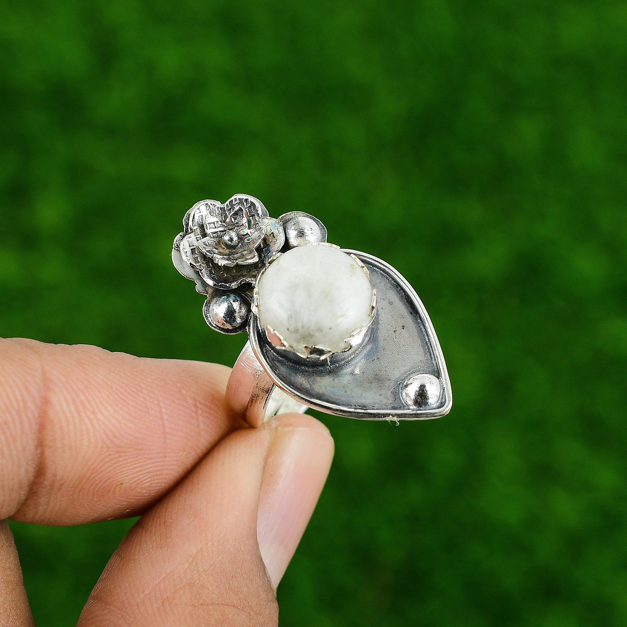 925 Silver Natural Rainbow Moonstone Stackable Flower Adjustable Ring