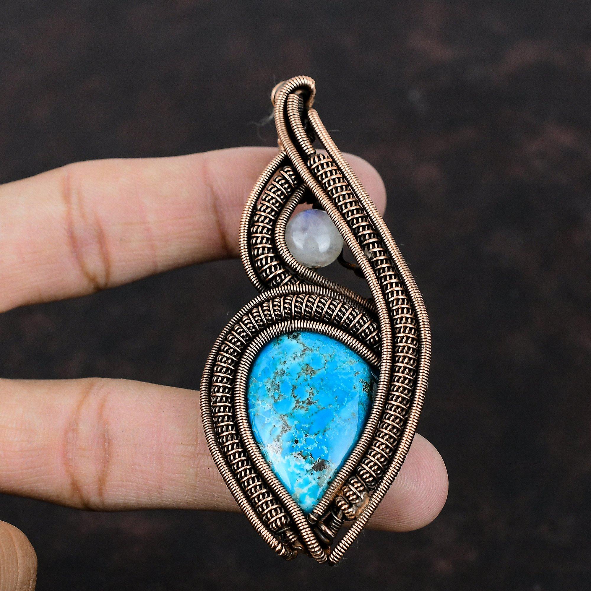 Tibetan Turquoise Pendant Copper Wire Wrapped Pendant Rainbow Moonstone Pendant Handmade Copper Jewelry Gemstone Jewelry Gift For Engagement