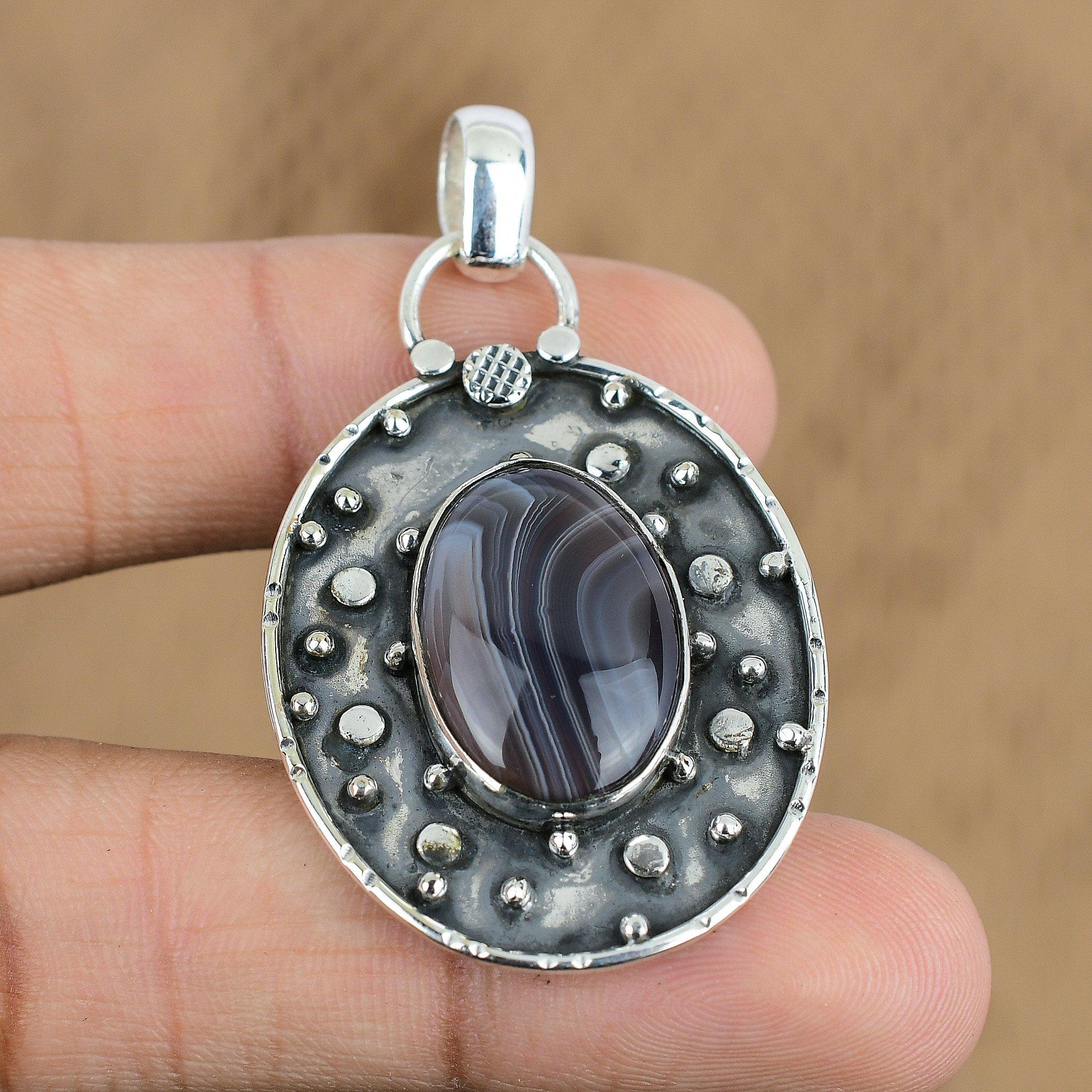 Natural Botswana Agate Gemstone Pendant 925 Sterling Silver Jewelry For Women