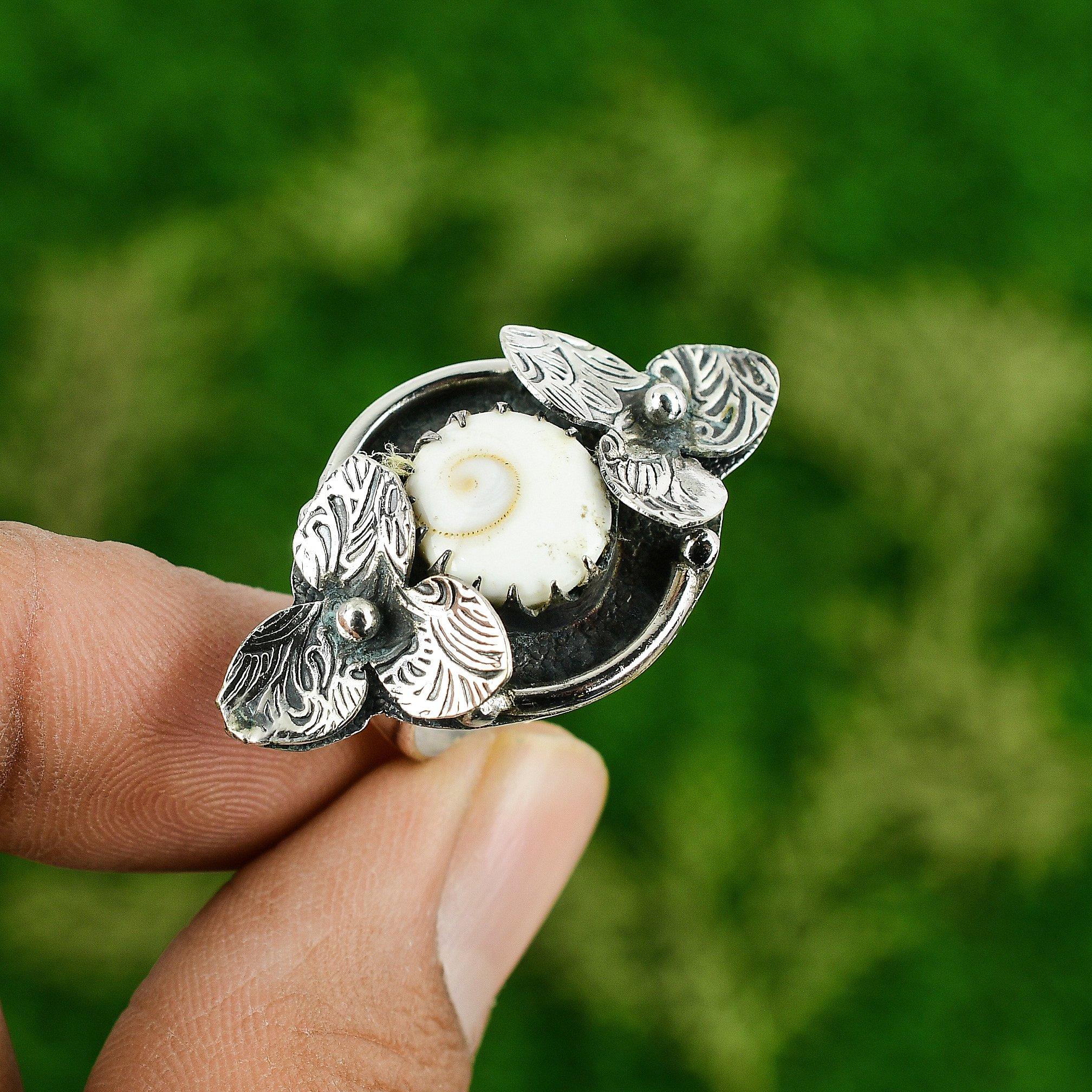 Statement Flower Ring Size 6.75 925 Silver Natural Shiva Eye Shell