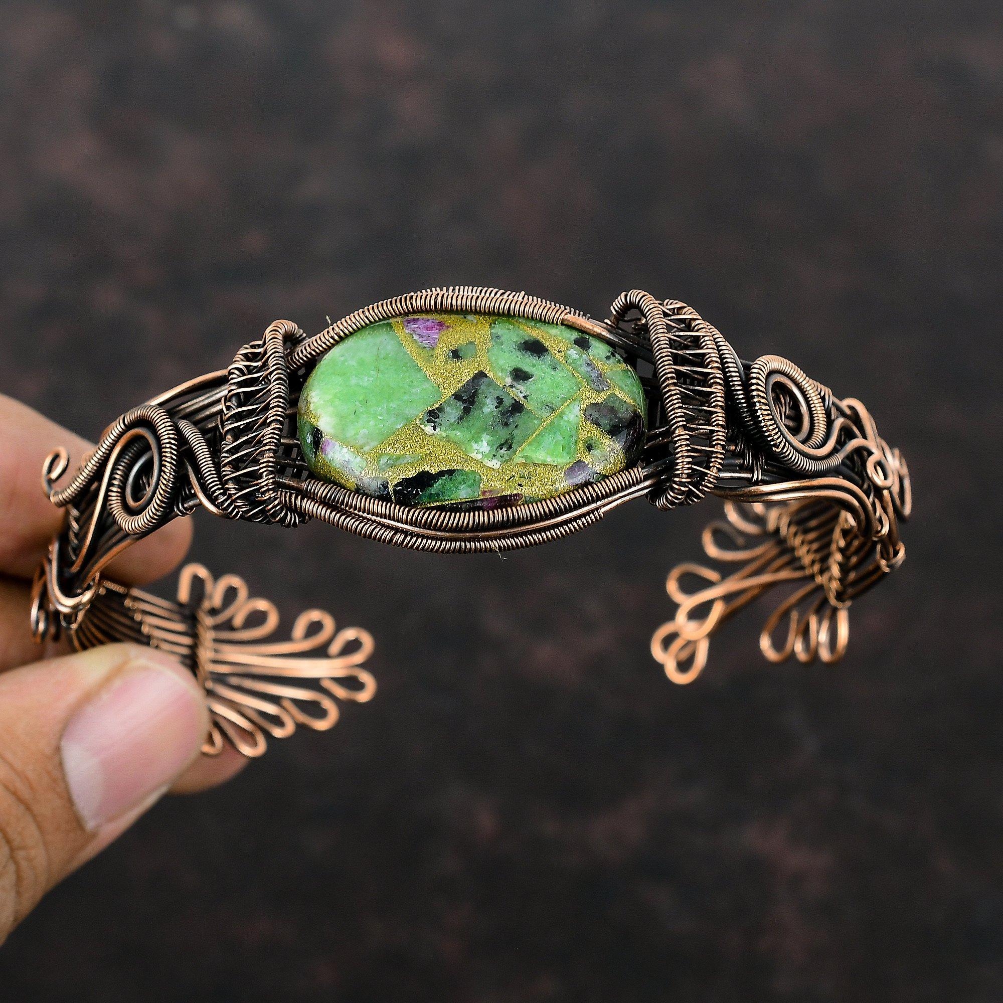 Copper Ruby Zoisite Cuff Bracelet Copper Wire Wrapped Bangle Adjustable Cuff Handmade Jewelry Gemstone Stylish Bangle Wire Wrap Jewelry Gift