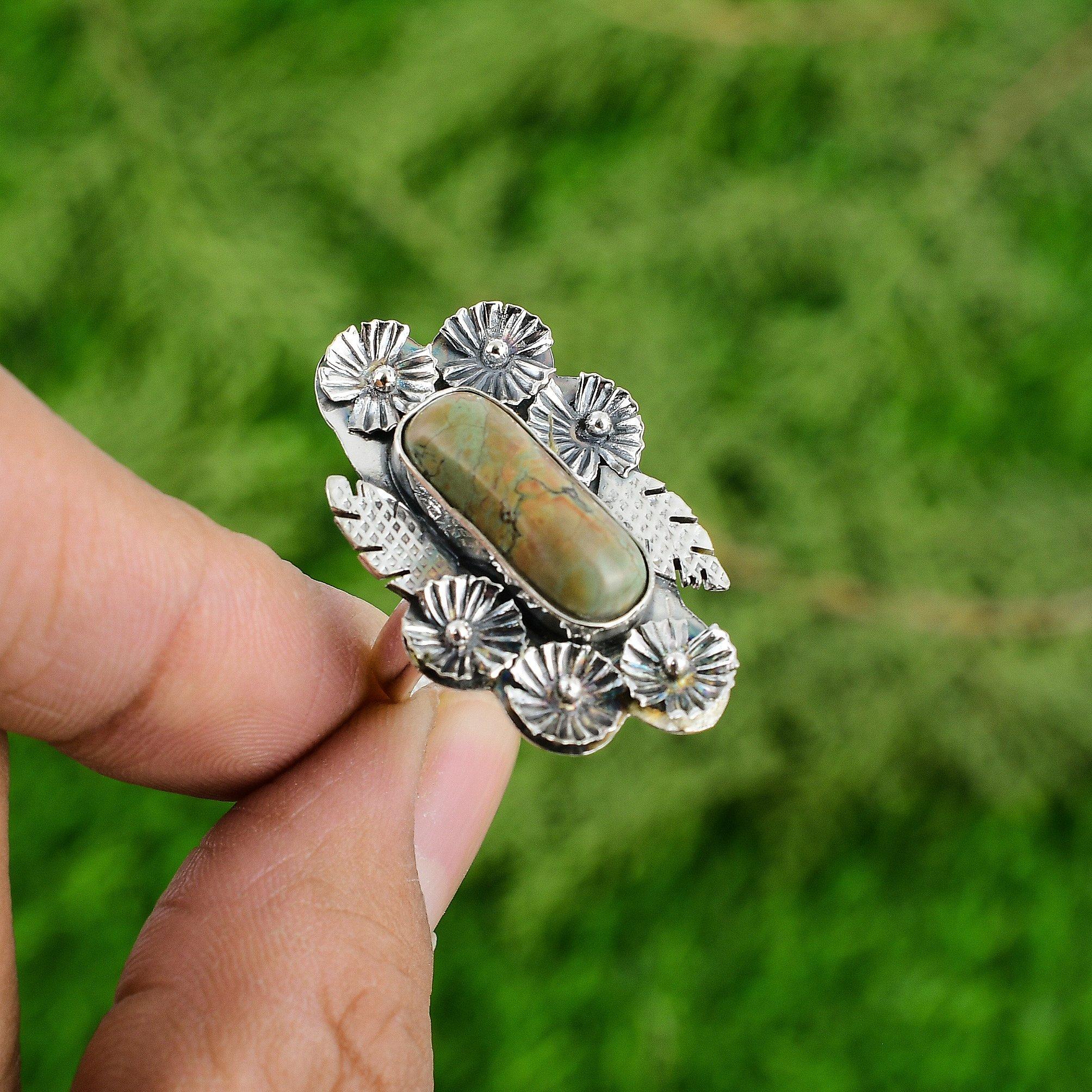 Stackable Flower Adjustable Ring 925 Silver Natural Tibetan Turquoise