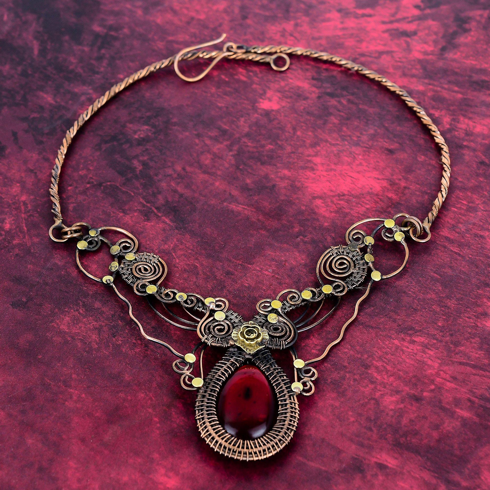 Red Fire Labradorite Gemstone Necklace Copper Wire Wrapped Adjustable Necklace