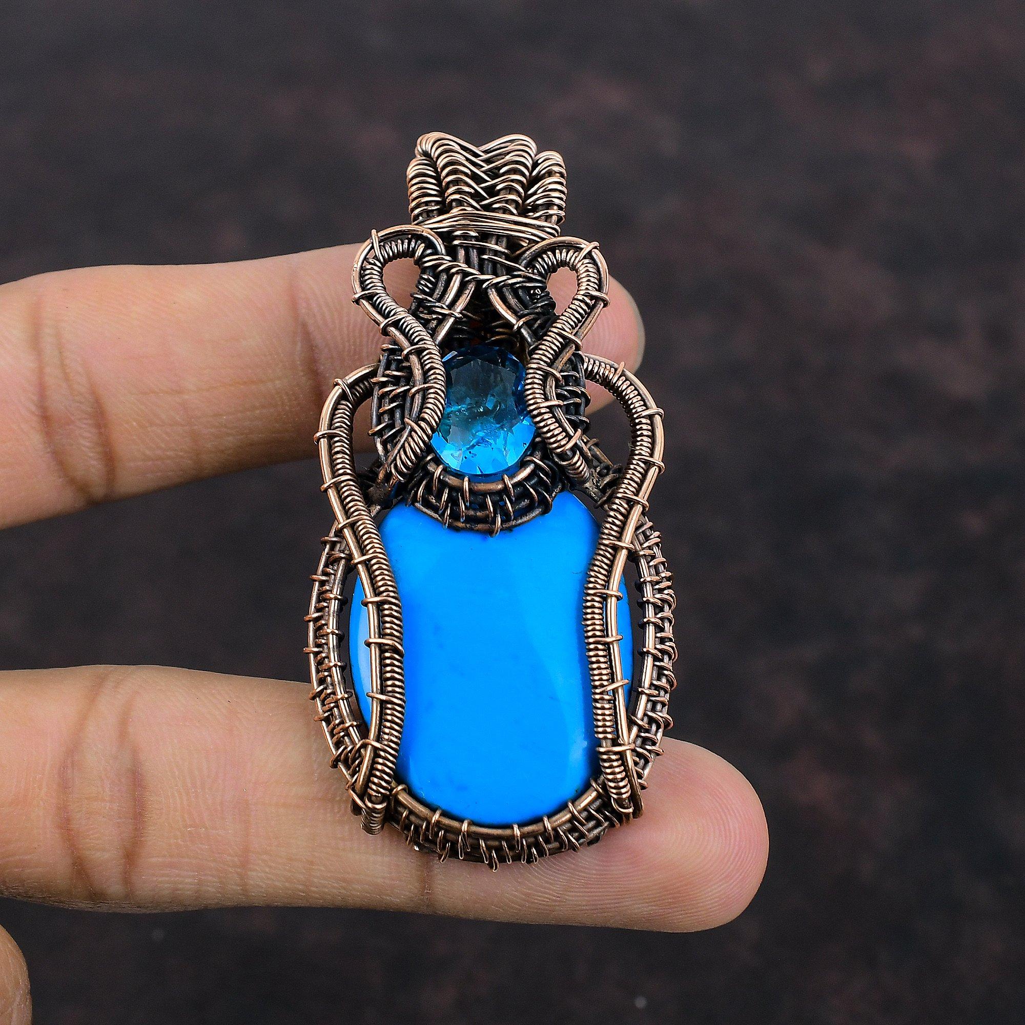 Sleeping Beauty Turquoise Pendant Copper Wire Wrapped Pendant Swiss Blue Topaz Pendant Handmade Copper Jewelry Gemstone Pendant Gift For Him