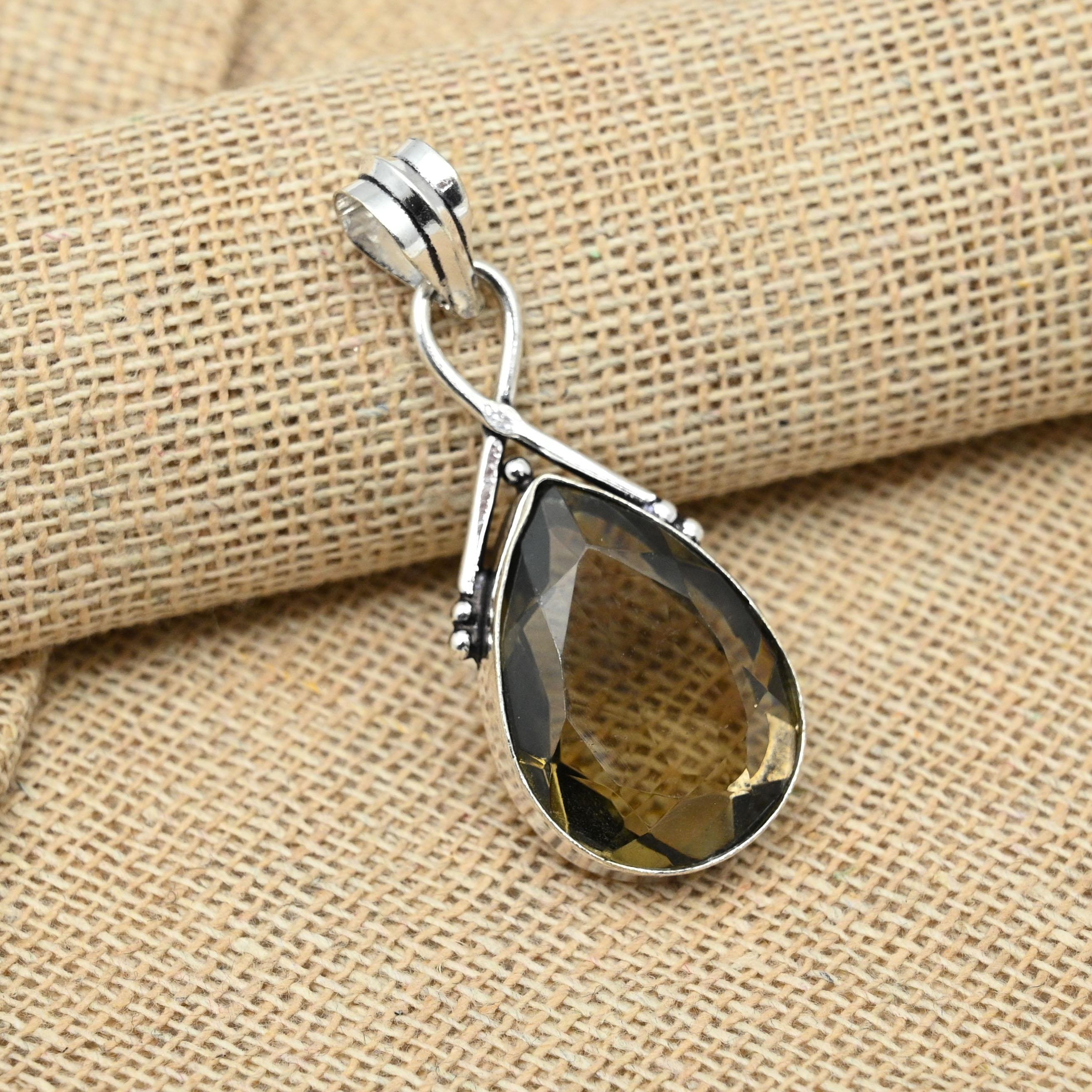 Rauchtopas-Anhänger aus massivem 925er-Sterlingsilber, handgefertigter Schmuckanhänger, Thanksgiving-Geschenk