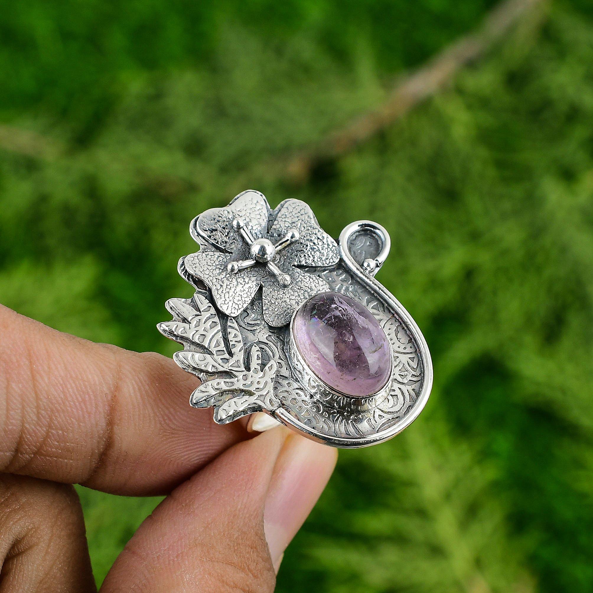 Natural African Amethyst Promise Flower Adjustable Ring 925 Silver For Women