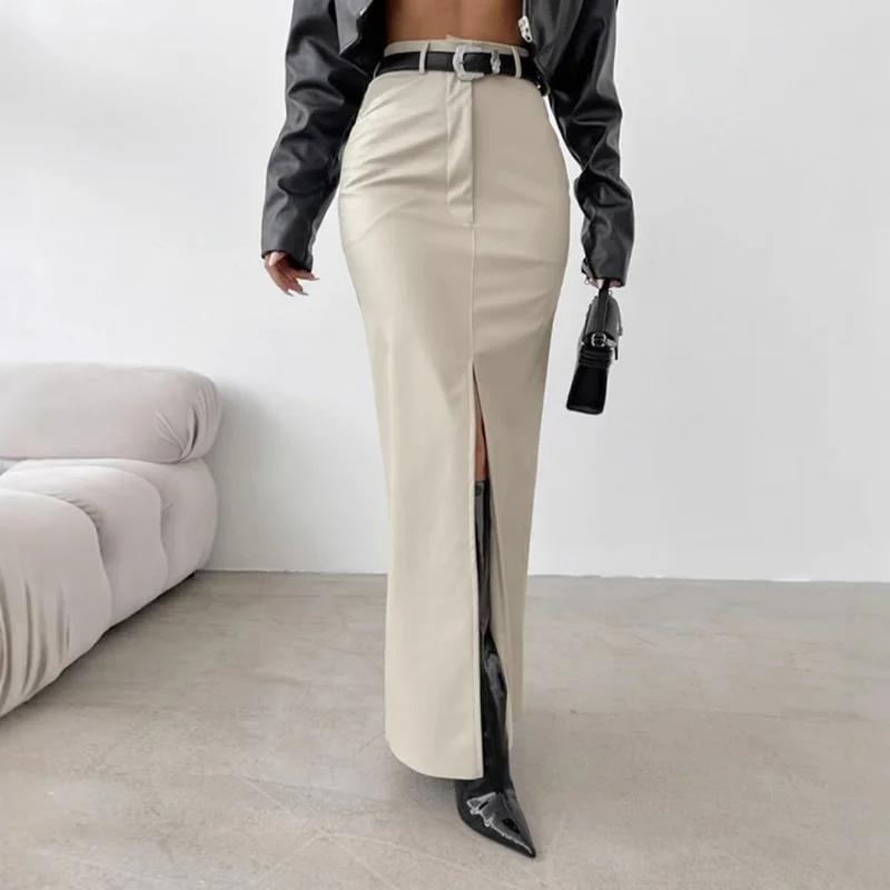 Pu Faux Leather Skirts Women Casual Office High Waist Warm Split Long Lady Skirt Autumn Winter Fashion New Lady Streetwear