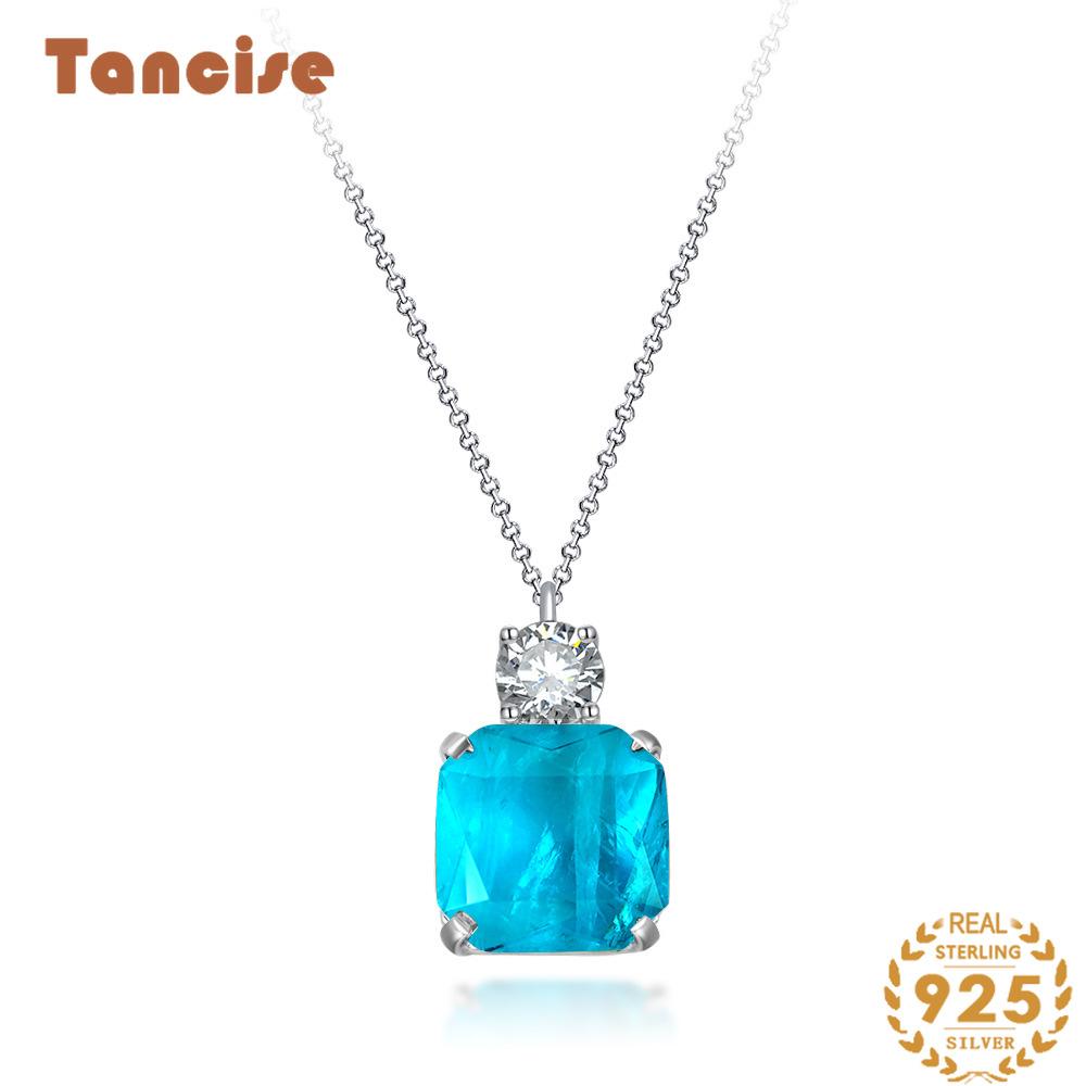 Tancise Jewelry 925 Silver Sea Ocean Blue Pendant Chamfered Square 15 * 15 Lucky Necklace 40 + 3