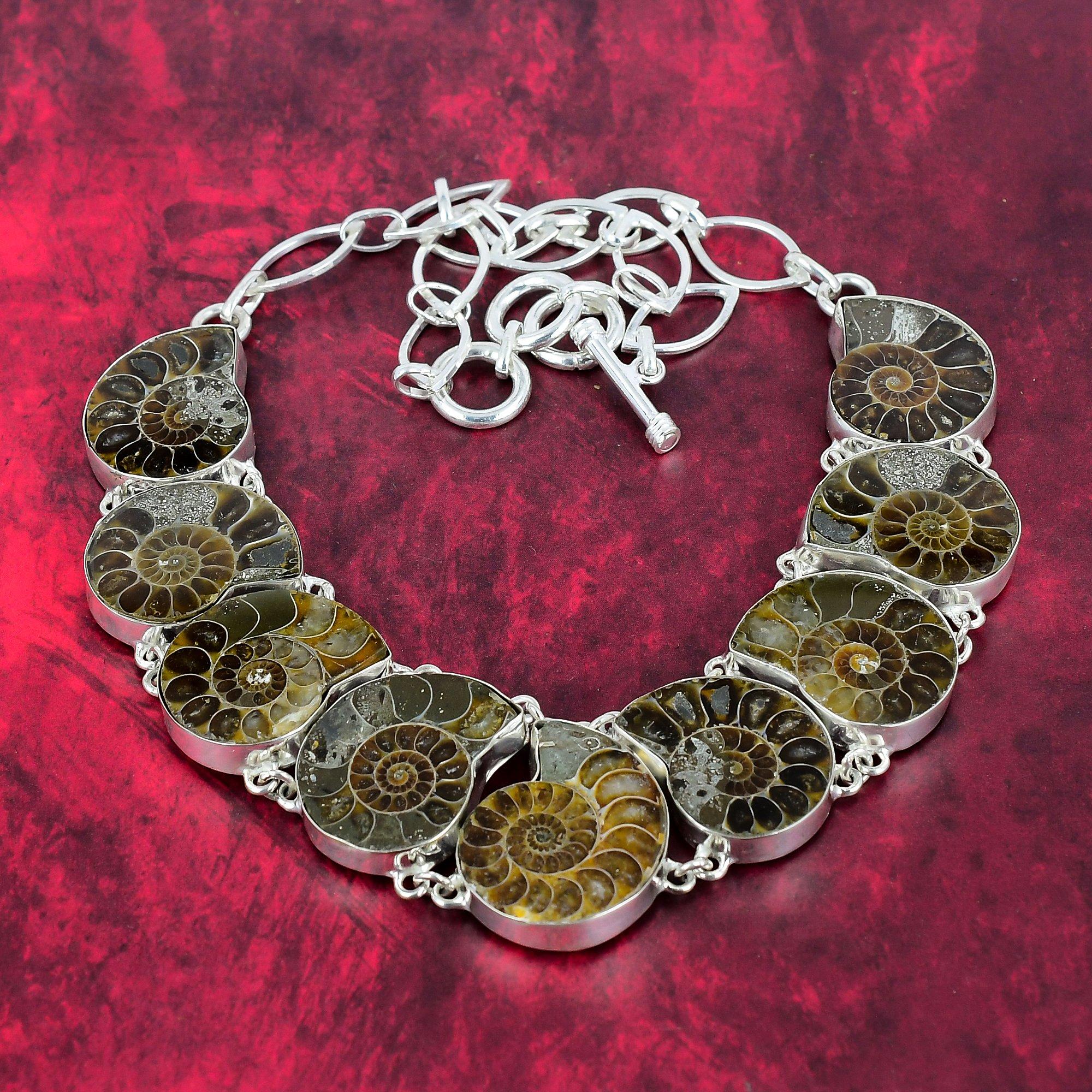 Ammonite Fossil 925 Solid Sterling Silver Necklace with Adjustable Chain, Handmade Gemstone Jewelry Necklace Gift For Her