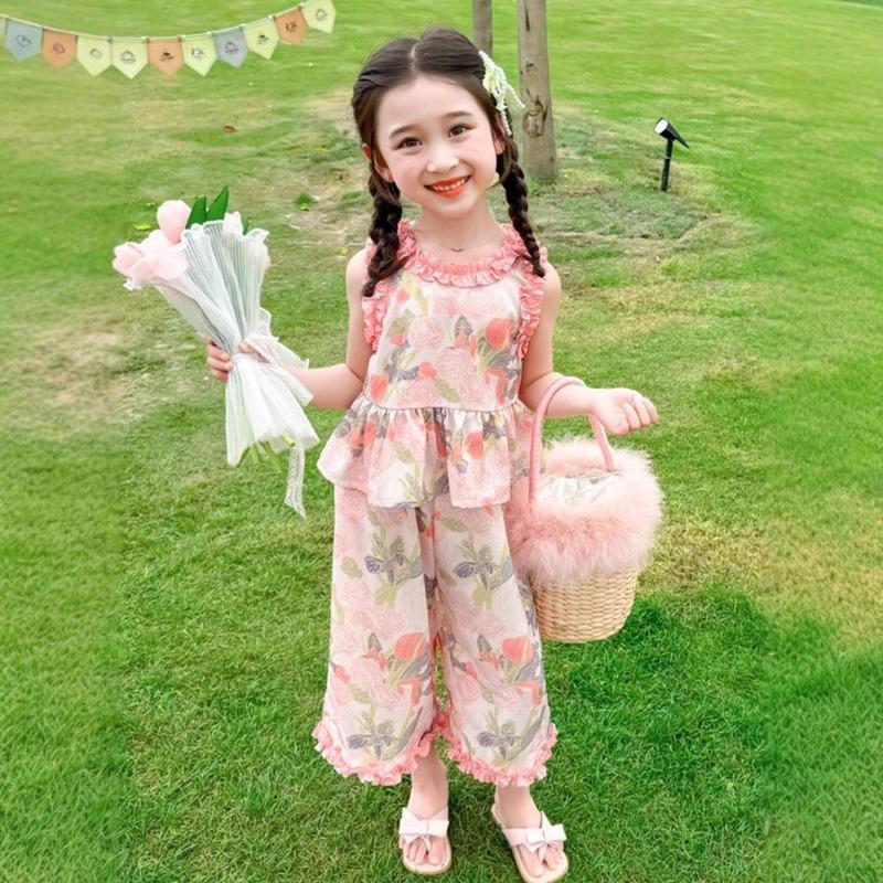 Dívčí letní vesta s květinovým vzorem, Dětská dvoudílná sada s houbovým okrajem