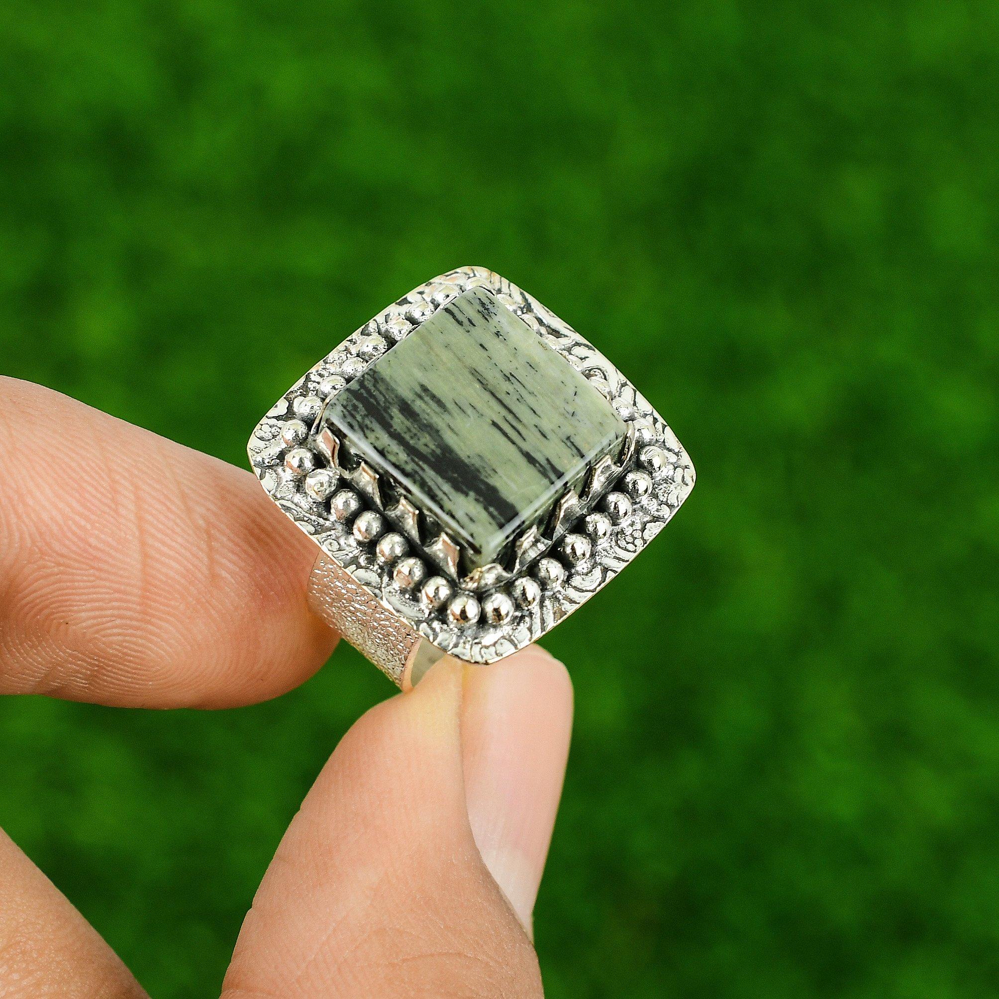 925 Silver Natural Silver Leaf Jasper Mother Elegant Multi Stone Ring Size 7.25