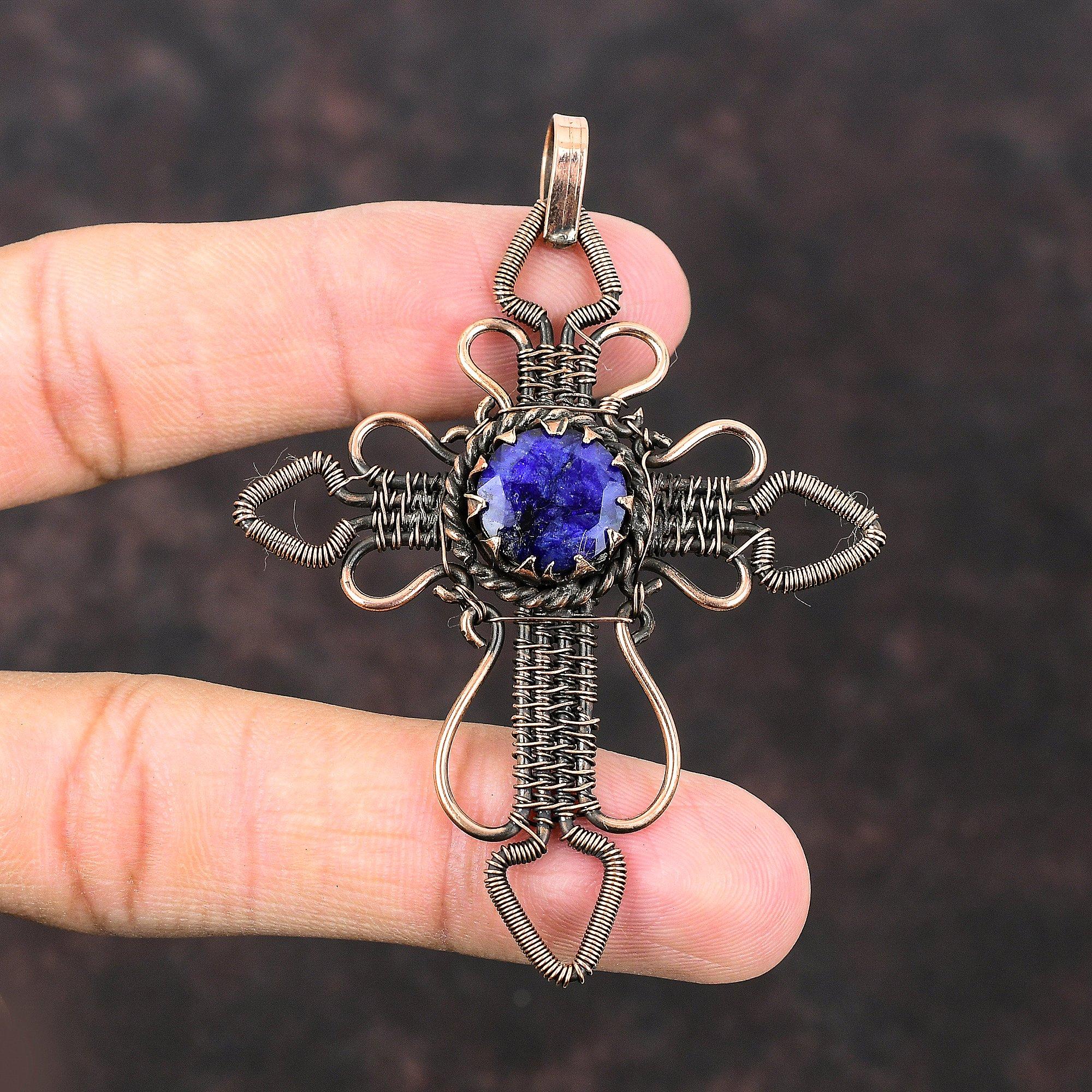 Faceted Blue Sapphire Pendant Copper Wire Wrapped Cross Pendant Gemstone Jewelry Handmade Pendant Copper Cross Jewelry Wire Wrapping Pendant